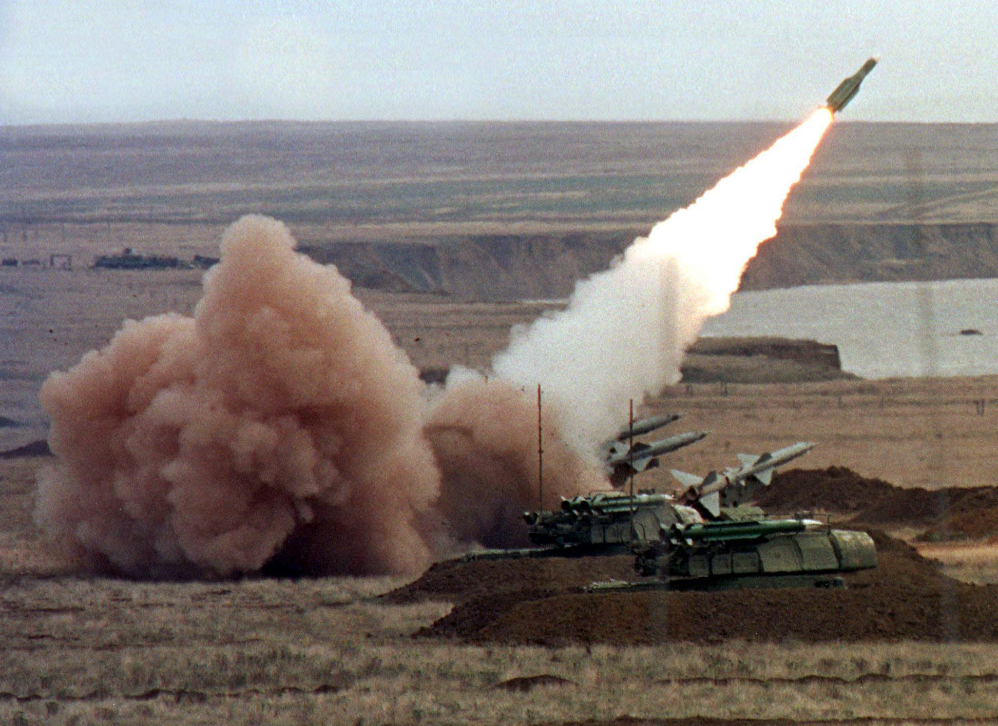A "Buk" anti-aircraft battery launches a ground-to-air missile during the Ukrainian army's "Duel-99"..