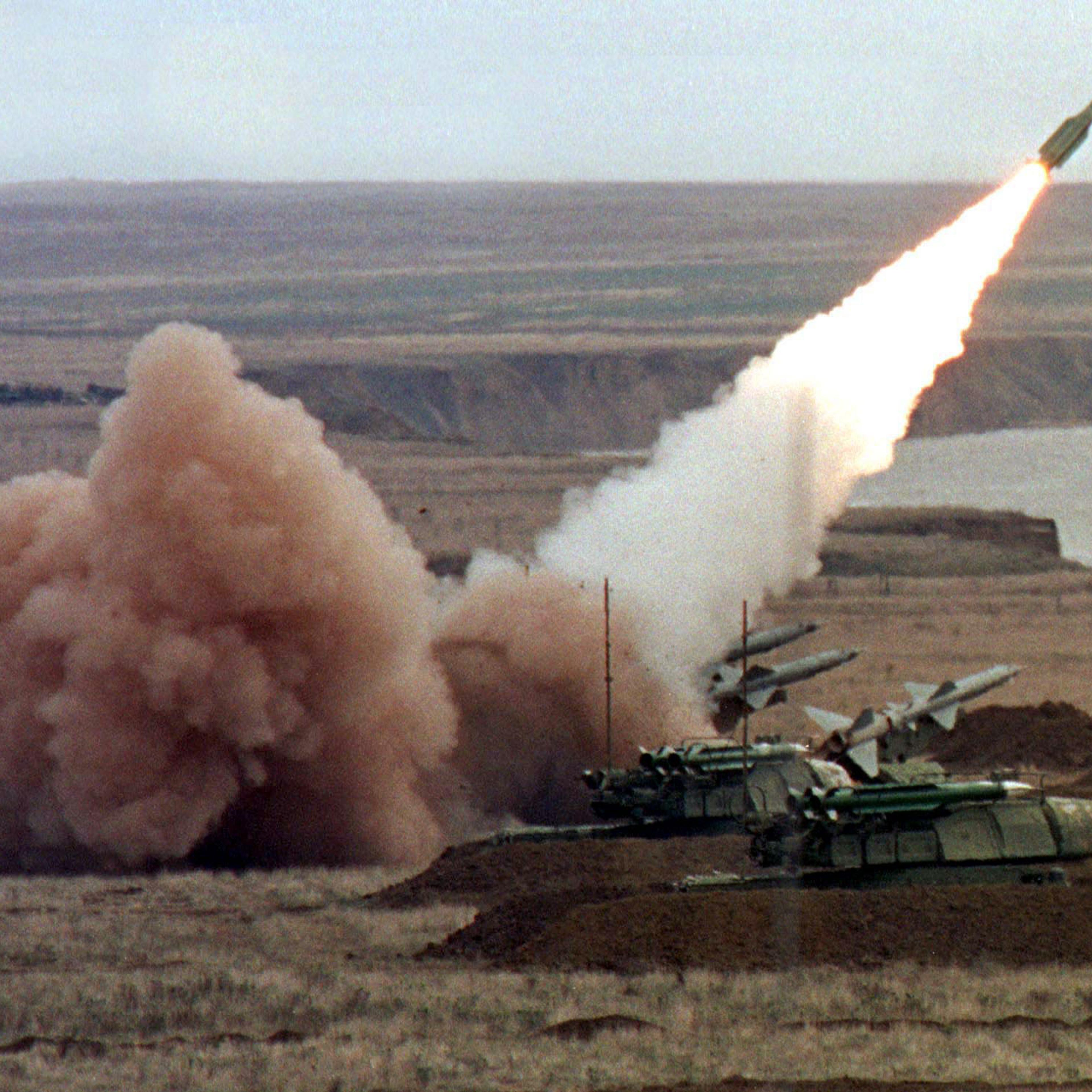 A "Buk" anti-aircraft battery launches a ground-to-air missile during the Ukrainian army's "Duel-99"..