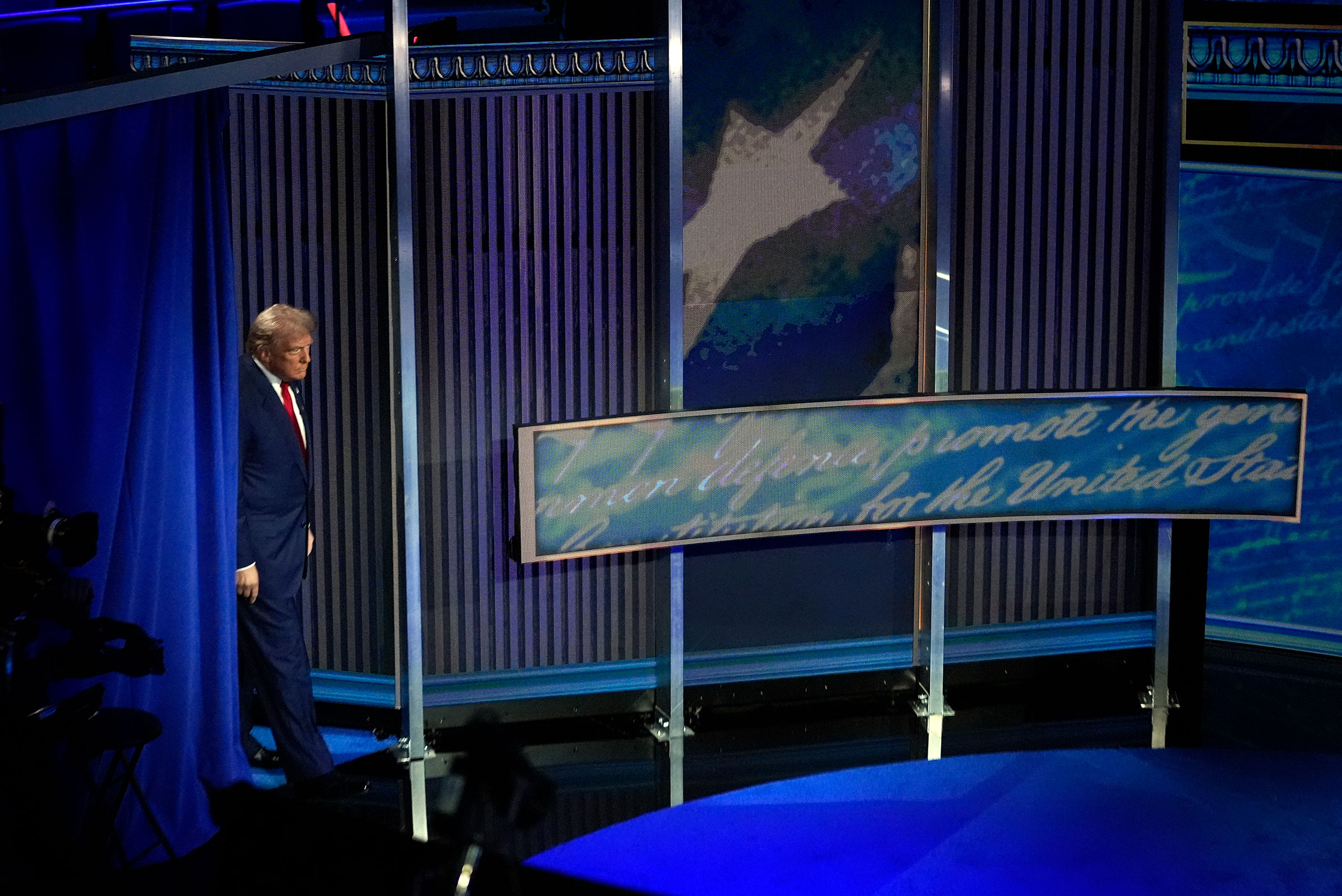 Republican presidential nominee former President Donald Trump arrives for a presidential debate with Democratic presidential nominee Vice President Kamala Harris at the National Constitution Center in Philadelphia, on Sept.10, 2024.