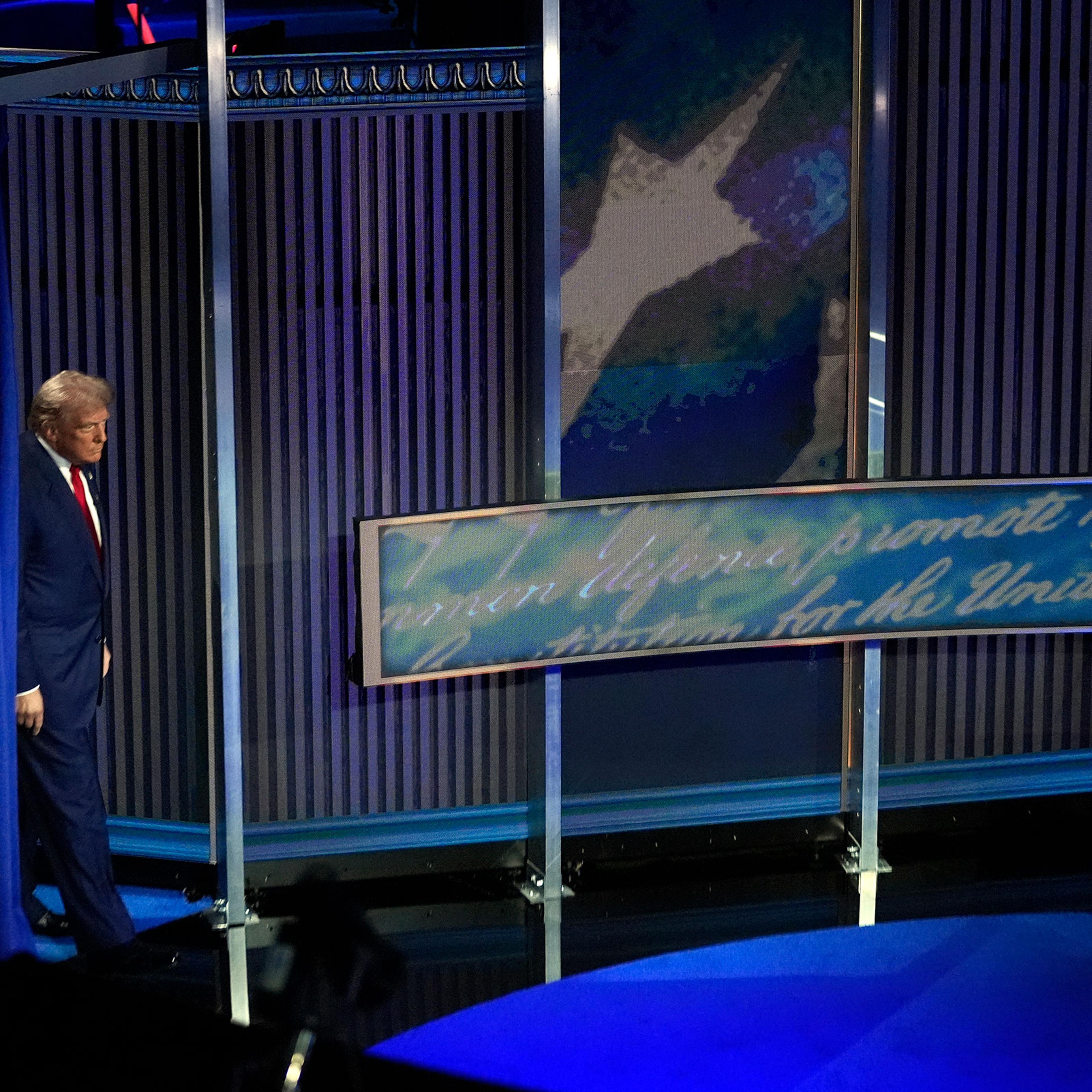 Republican presidential nominee former President Donald Trump arrives for a presidential debate with Democratic presidential nominee Vice President Kamala Harris at the National Constitution Center in Philadelphia, on Sept.10, 2024.