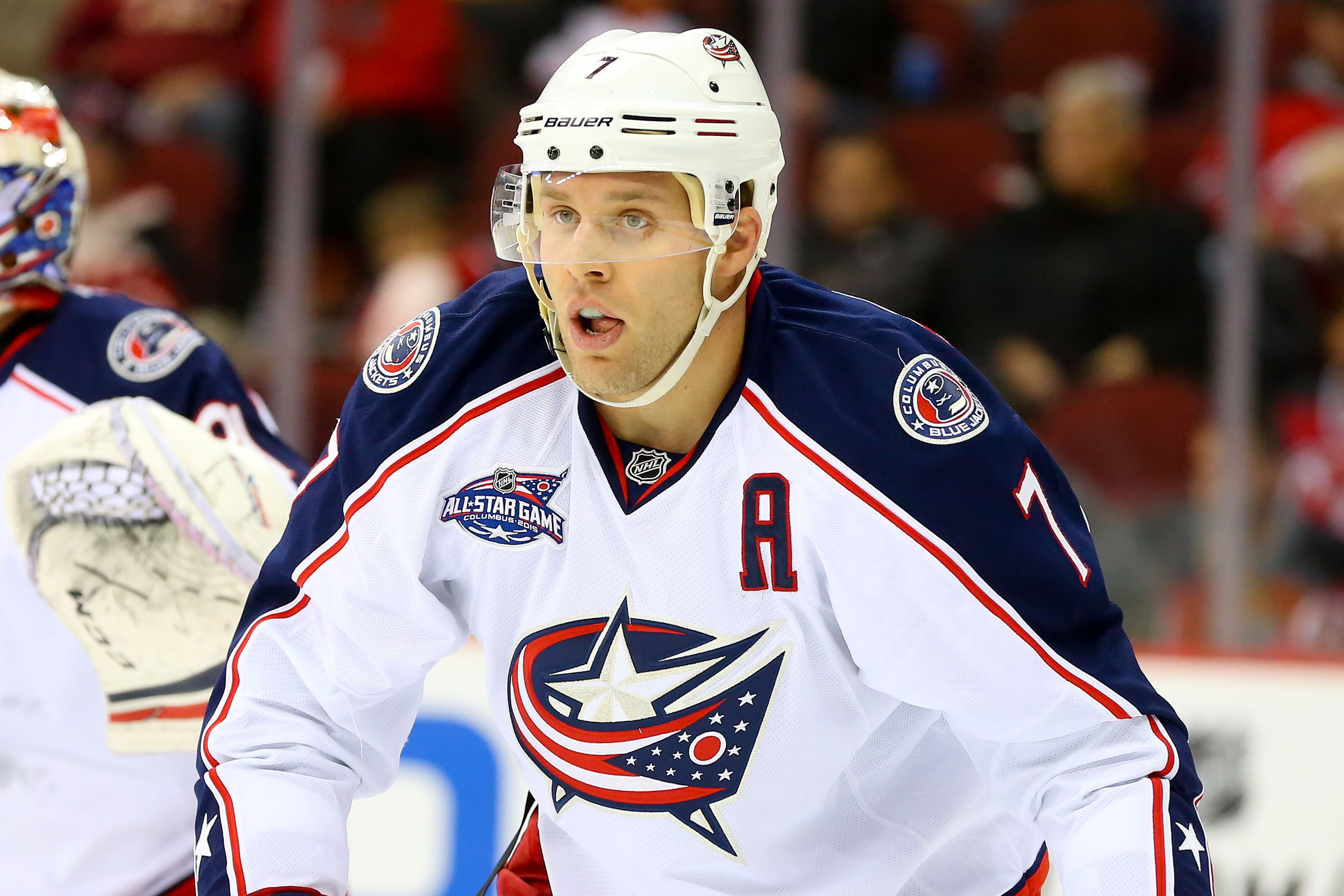 Columbus Blue Jackets defenseman Jack Johnson (7) during the game between the New Jersey Devils and the Columbus Blue Jackets played at the Prudential Center in Newark, N.J. on Nov. 1, 2014.