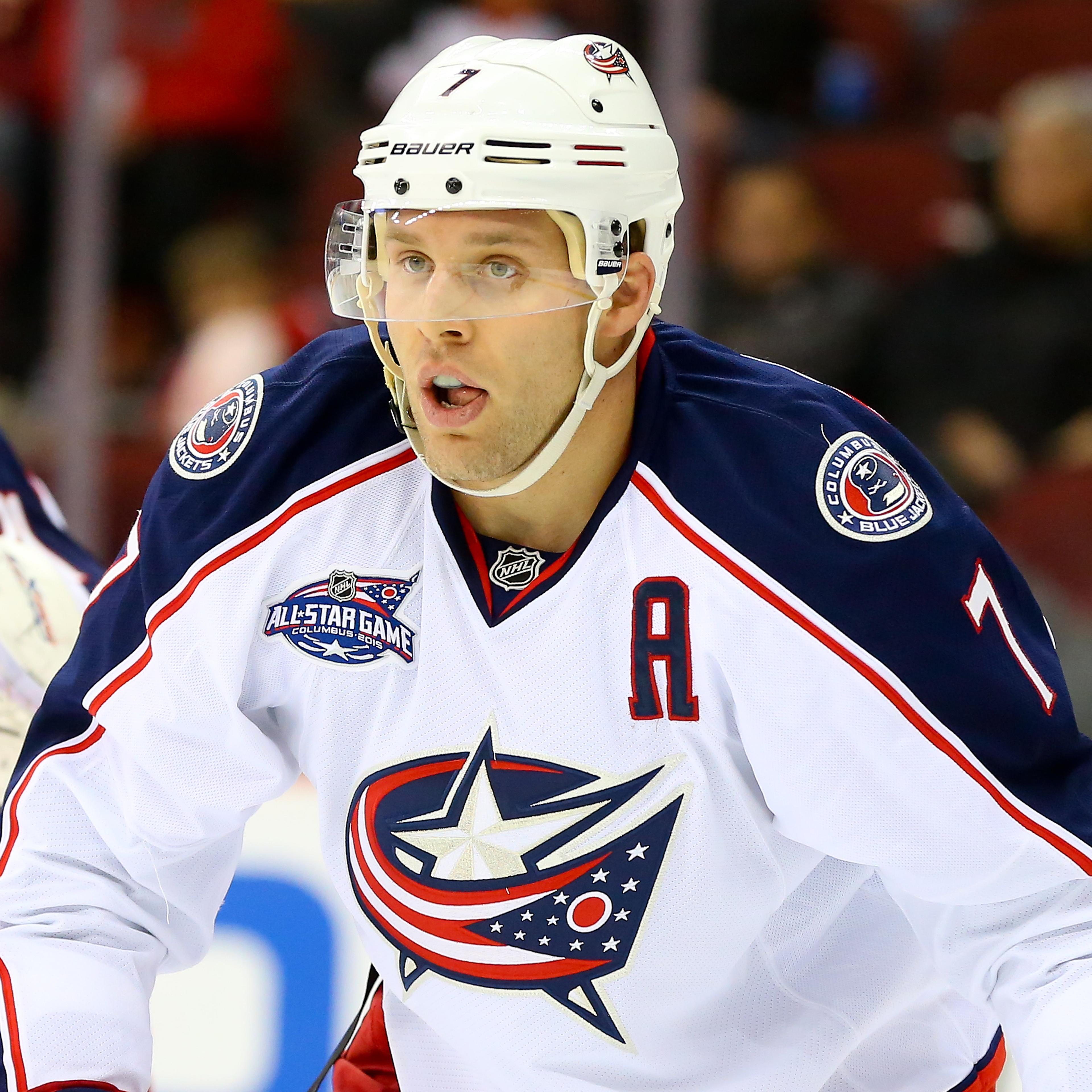 Columbus Blue Jackets defenseman Jack Johnson (7) during the game between the New Jersey Devils and the Columbus Blue Jackets played at the Prudential Center in Newark, N.J. on Nov. 1, 2014.