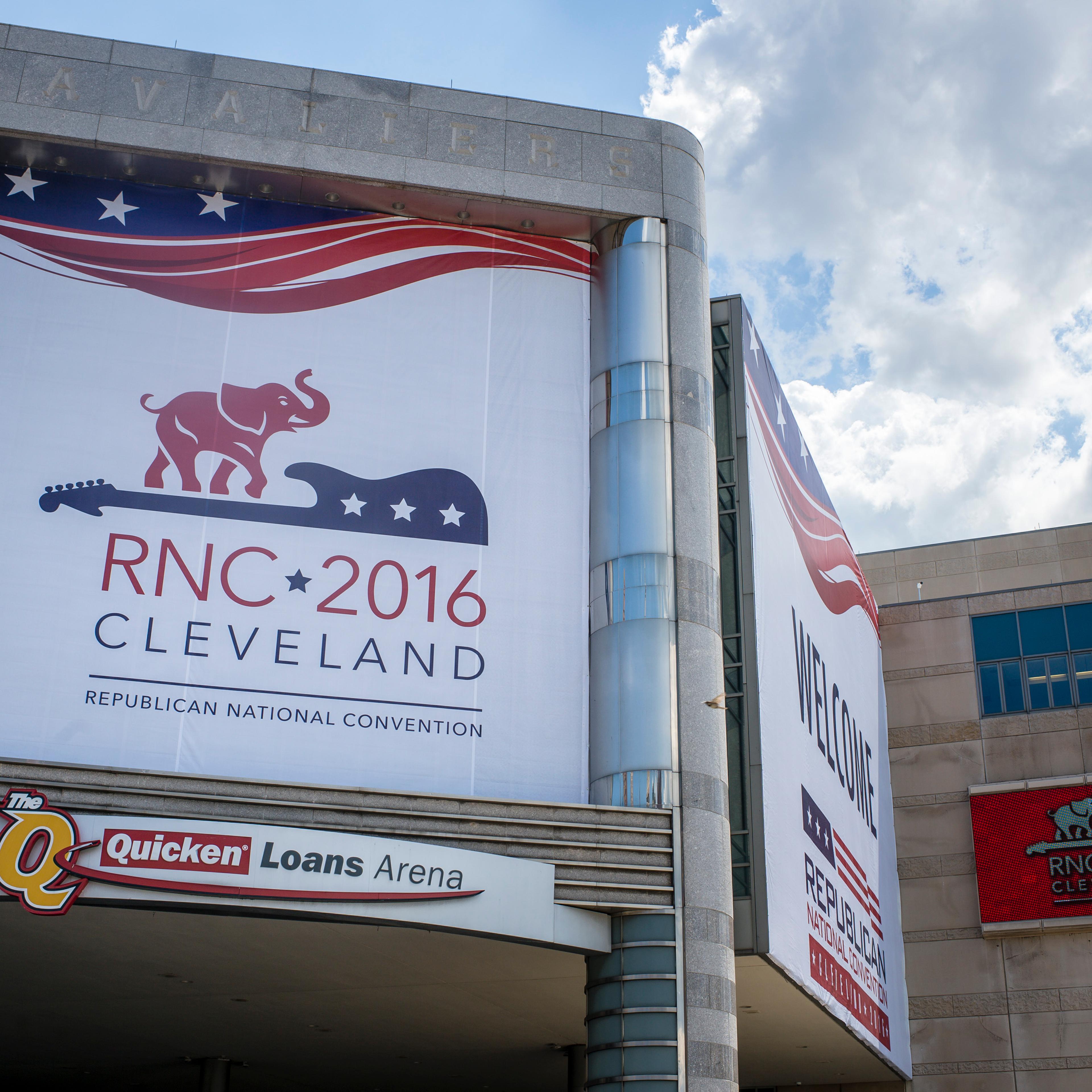 Quicken Loans Arena is decorated to welcome the Republican National Convention on July 11, 2016 in Cleveland, Ohio.