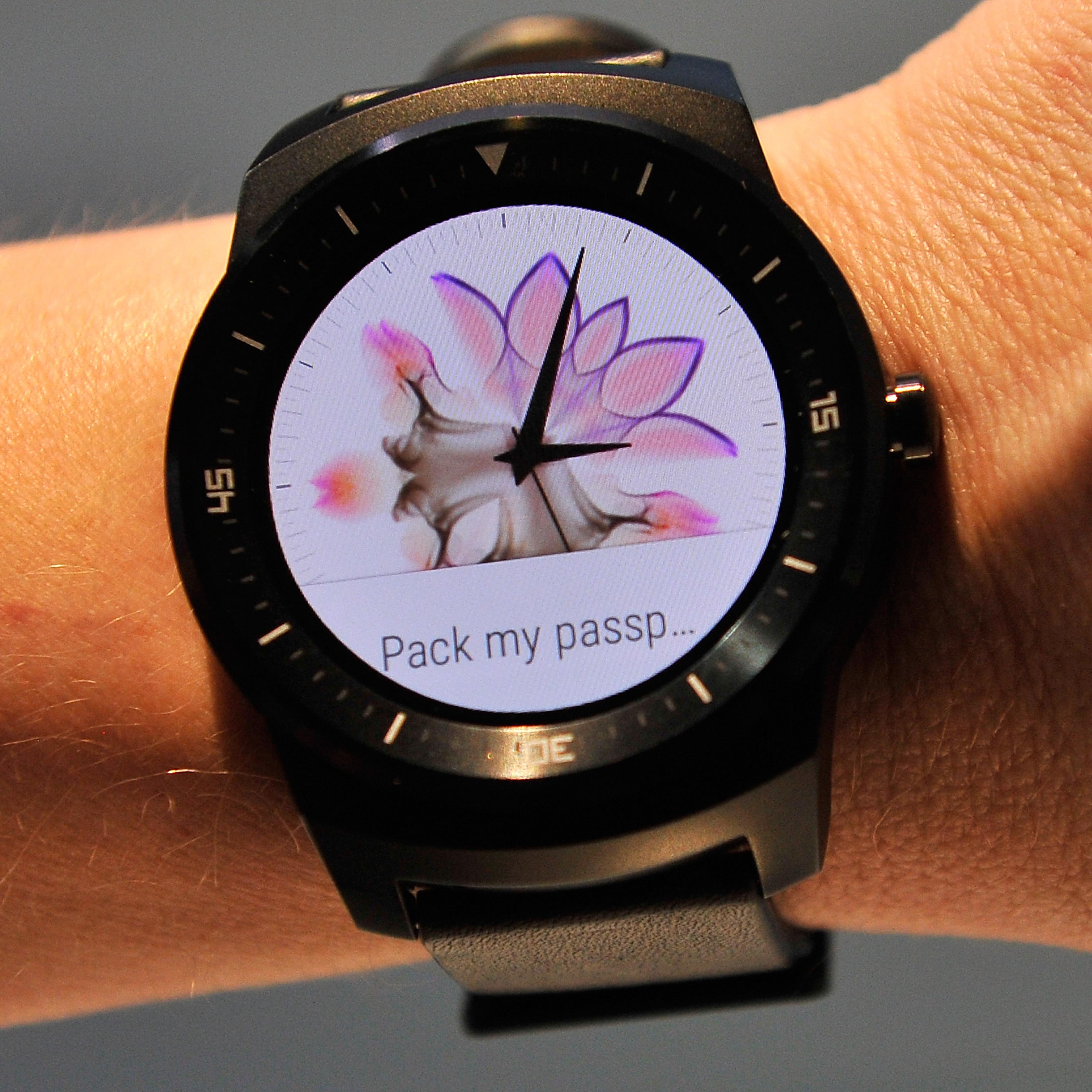 A model displays the LG G Watch R during the 2015 International CES on Jan. 6, 2015 in Las Vegas, Nevada.