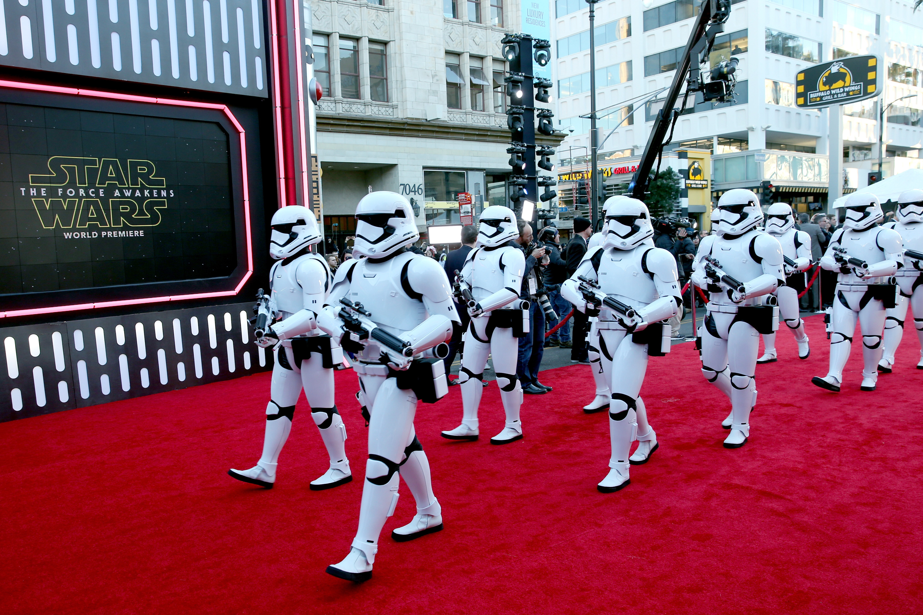Stormtroopers walk on the red carpet at the world premiere of Star Wars: The Force Awakens at the Dolby, El Capitan, and TCL Theatres on Dec. 14, 2015 in Hollywood, California.
