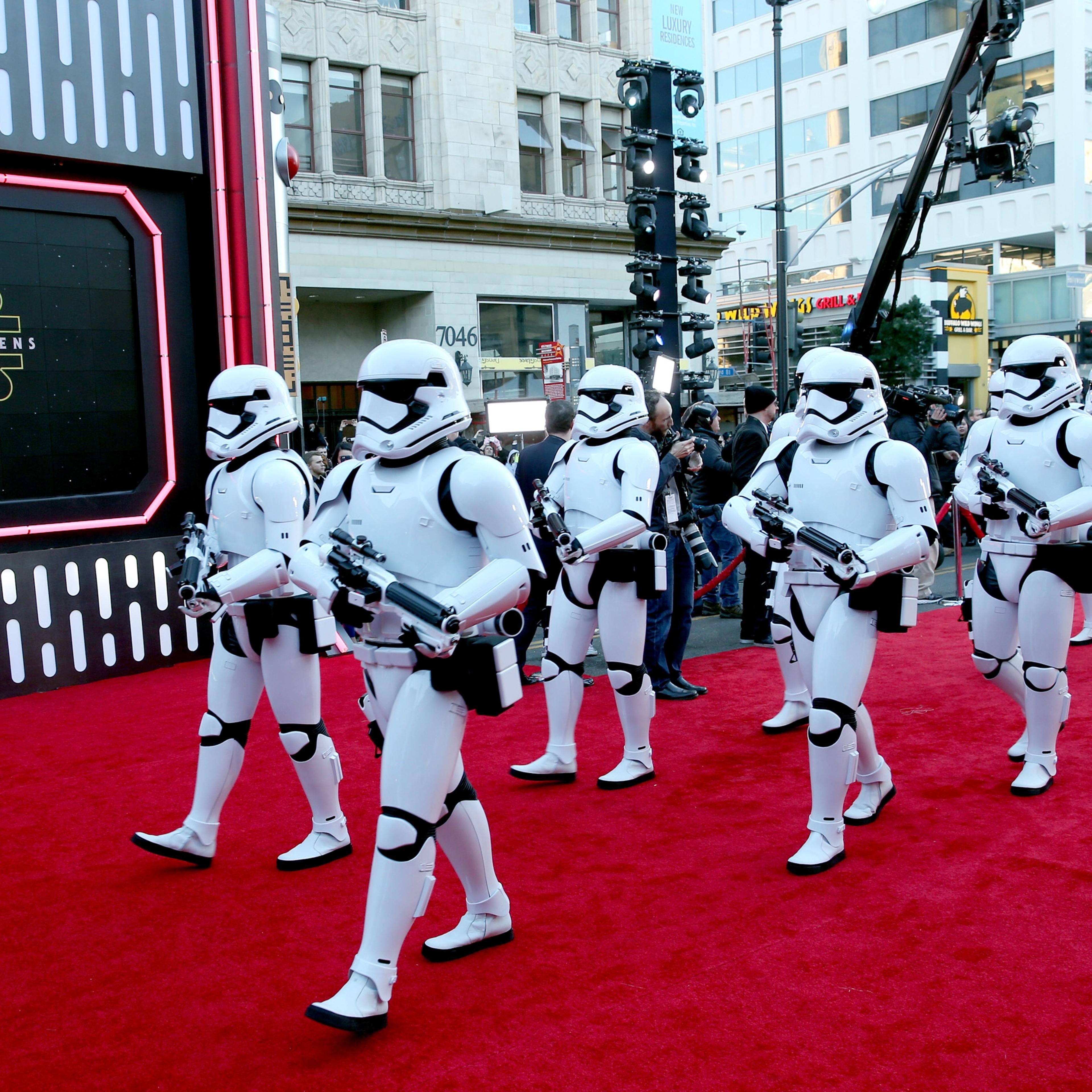 Stormtroopers walk on the red carpet at the world premiere of Star Wars: The Force Awakens at the Dolby, El Capitan, and TCL Theatres on Dec. 14, 2015 in Hollywood, California.
