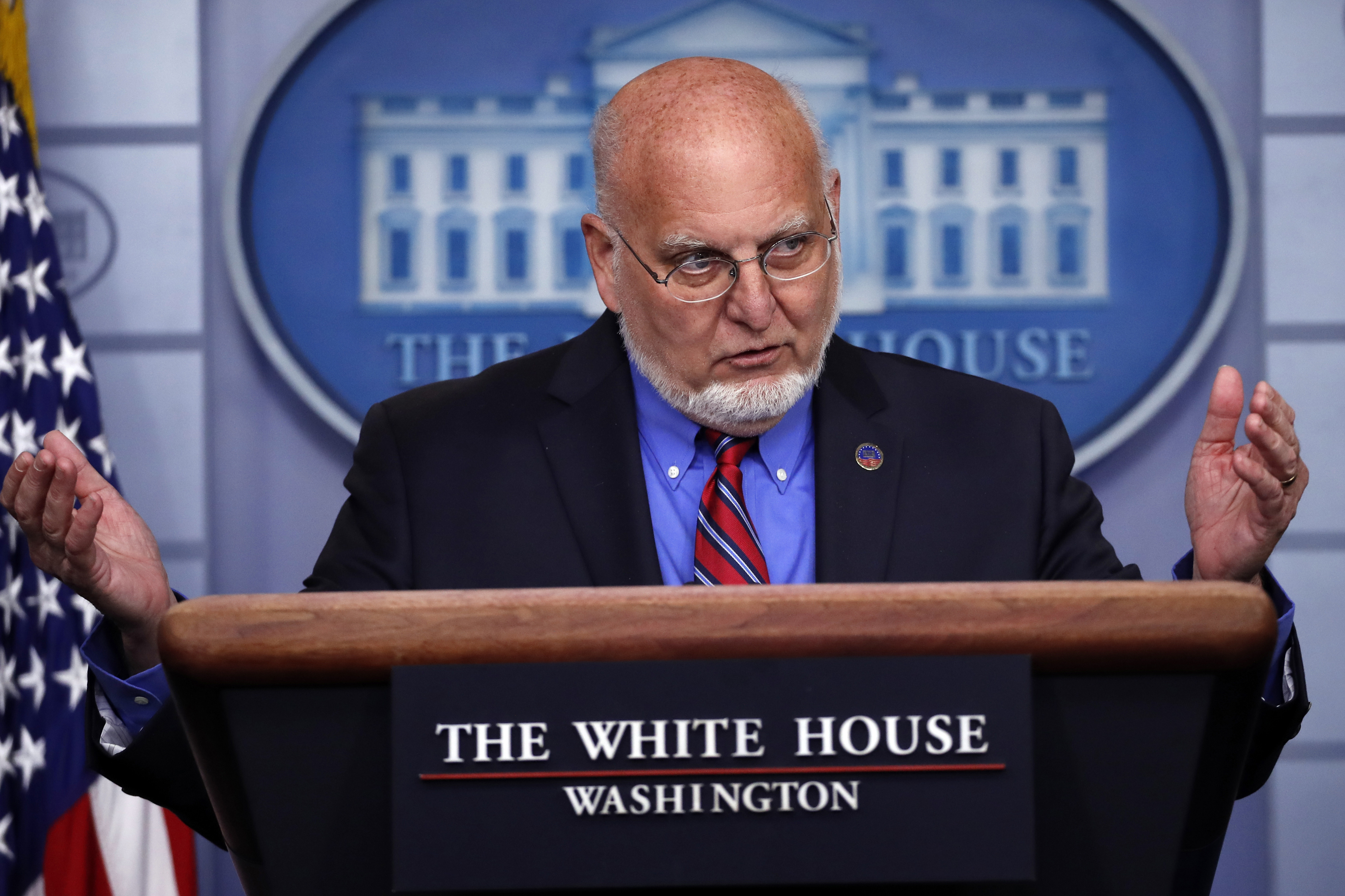 Dr. Robert Redfield, director of the Centers for Disease Control and Prevention, speaks about the coronavirus in the James Brady Press Briefing Room of the White House in Washington on April 22, 2020.
