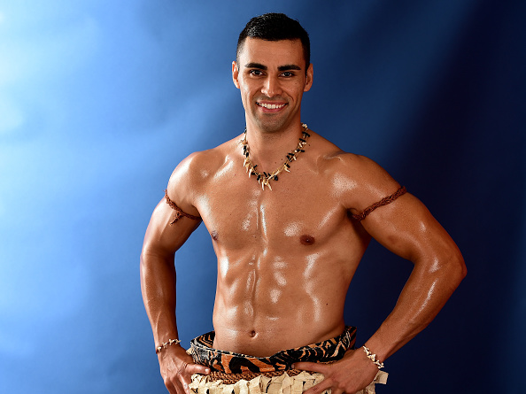 Pita Taufatofua of Tonga poses for a photo on the NBC Today show set at Copacabana Beach on August 8, 2016 in Rio de Janeiro, Brazil.