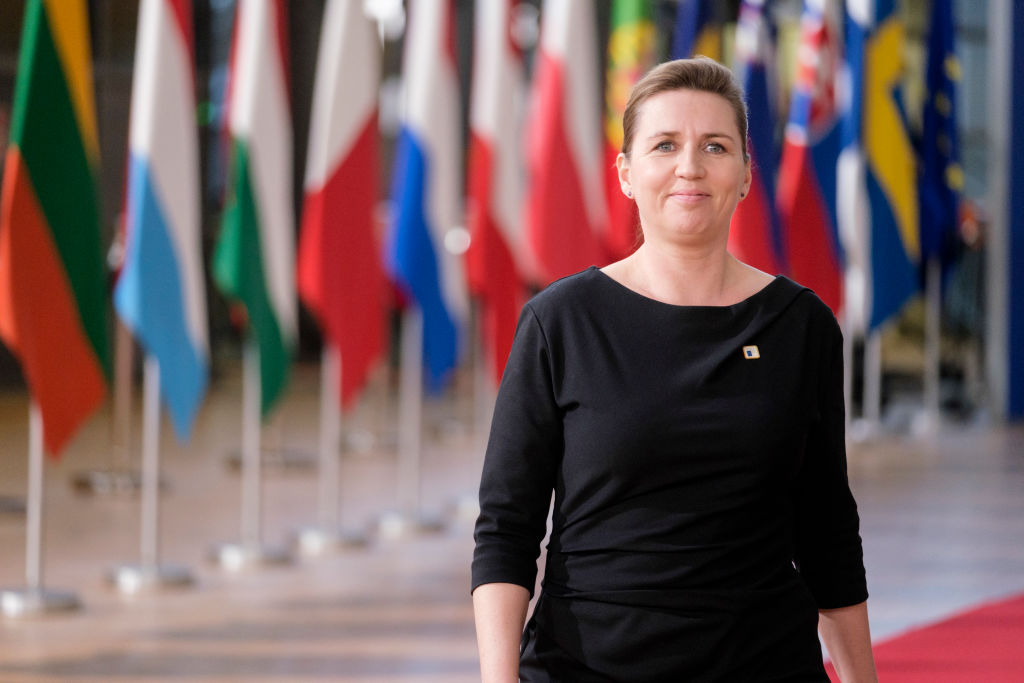 Danish Prime Minister Mette Frederiksen talks to media in the Justus Lipsius Atrium, the EU Council headquarter on Dec. 15, 2022 in Brussels.