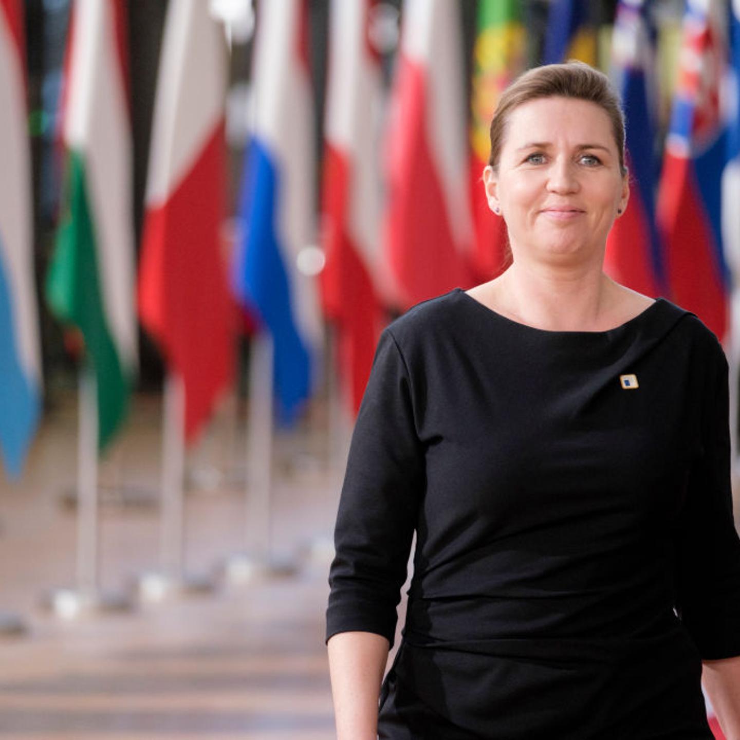 Danish Prime Minister Mette Frederiksen talks to media in the Justus Lipsius Atrium, the EU Council headquarter on Dec. 15, 2022 in Brussels.