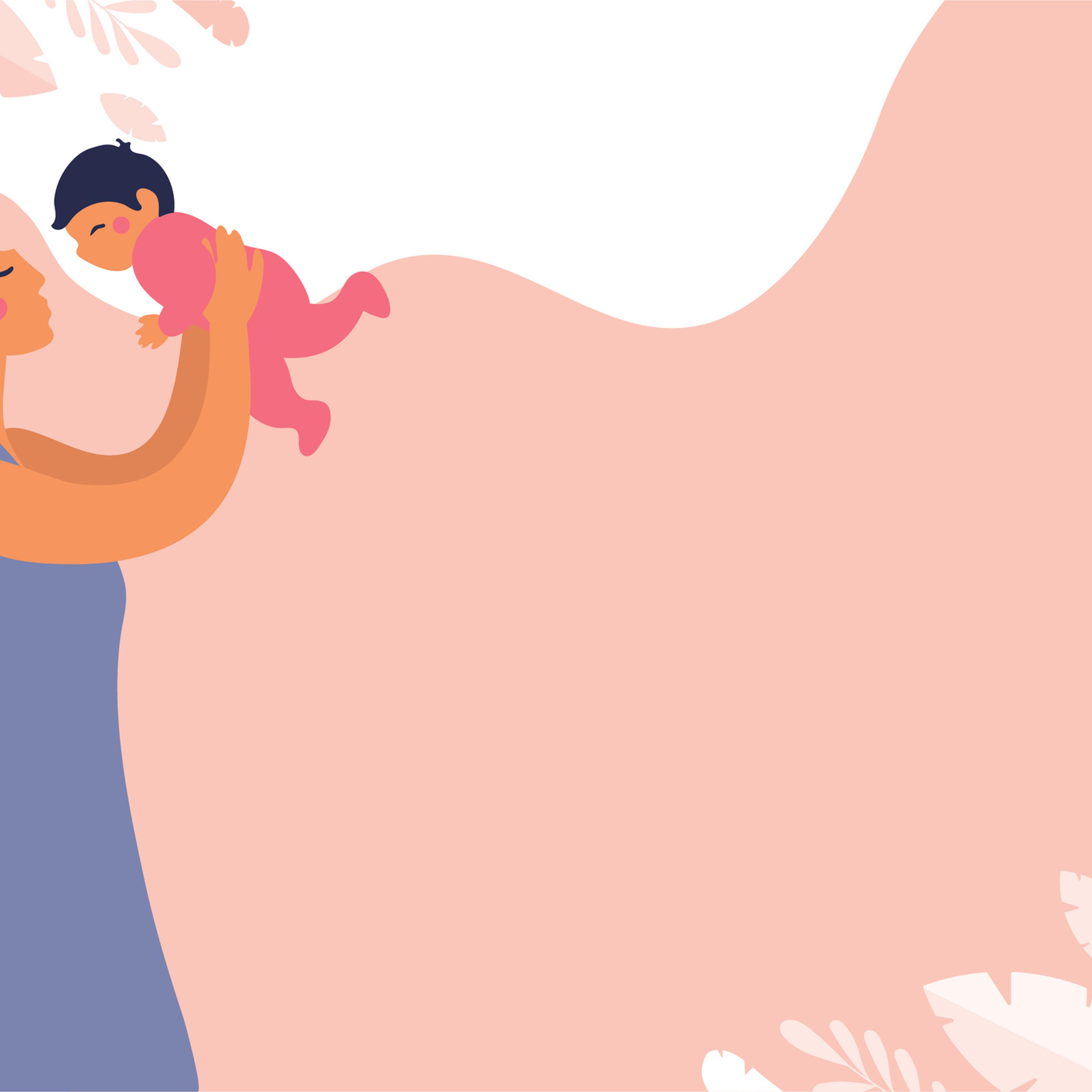 A beautiful young mother throws the baby into her arms. Banner about childhood and motherhood with copy space. Flat vector concept illustration with a pink background.