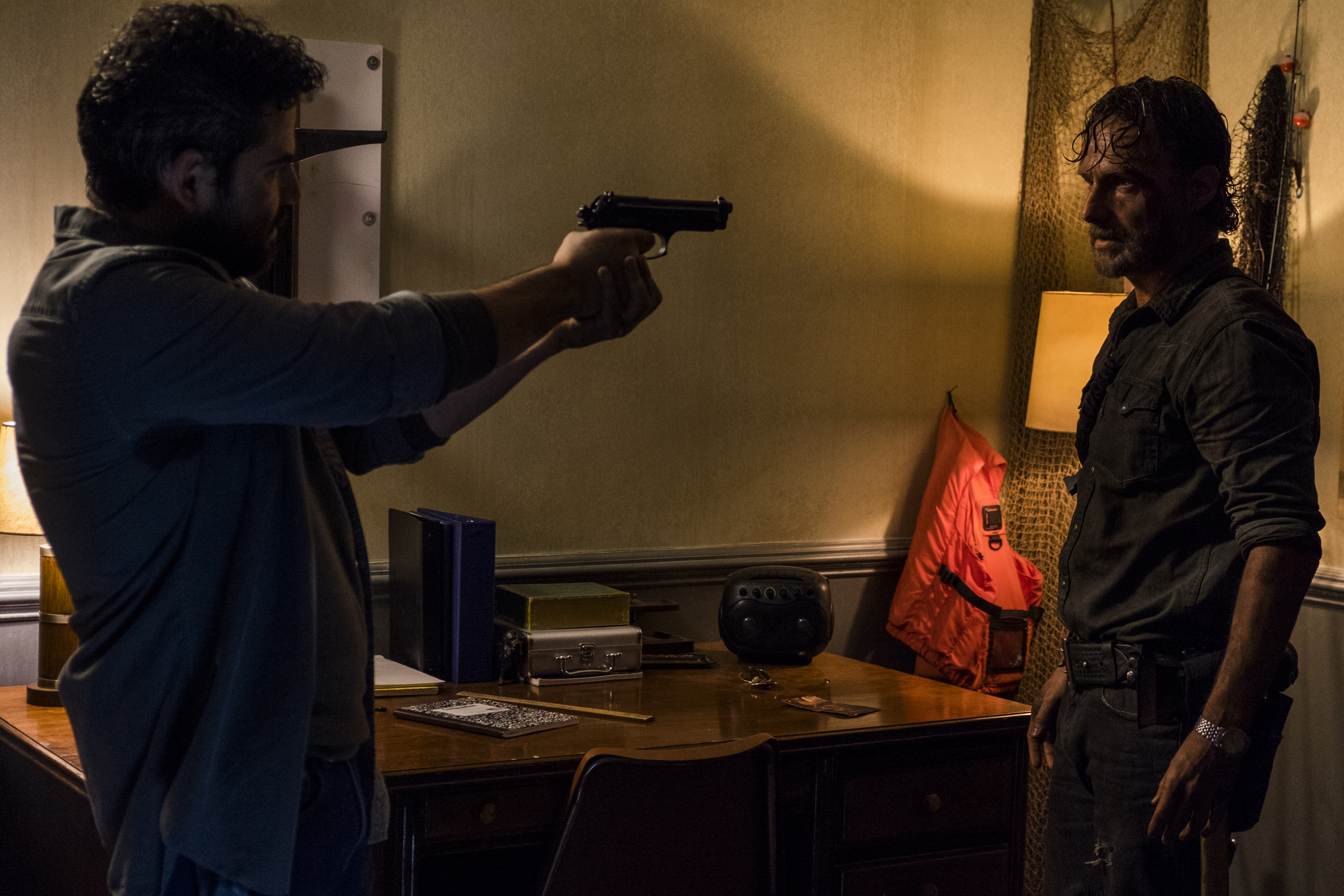 Andrew Lincoln as Rick Grimes and Juan Gabriel Pareja as Morales in The Walking Dead Season 8, Episode 3