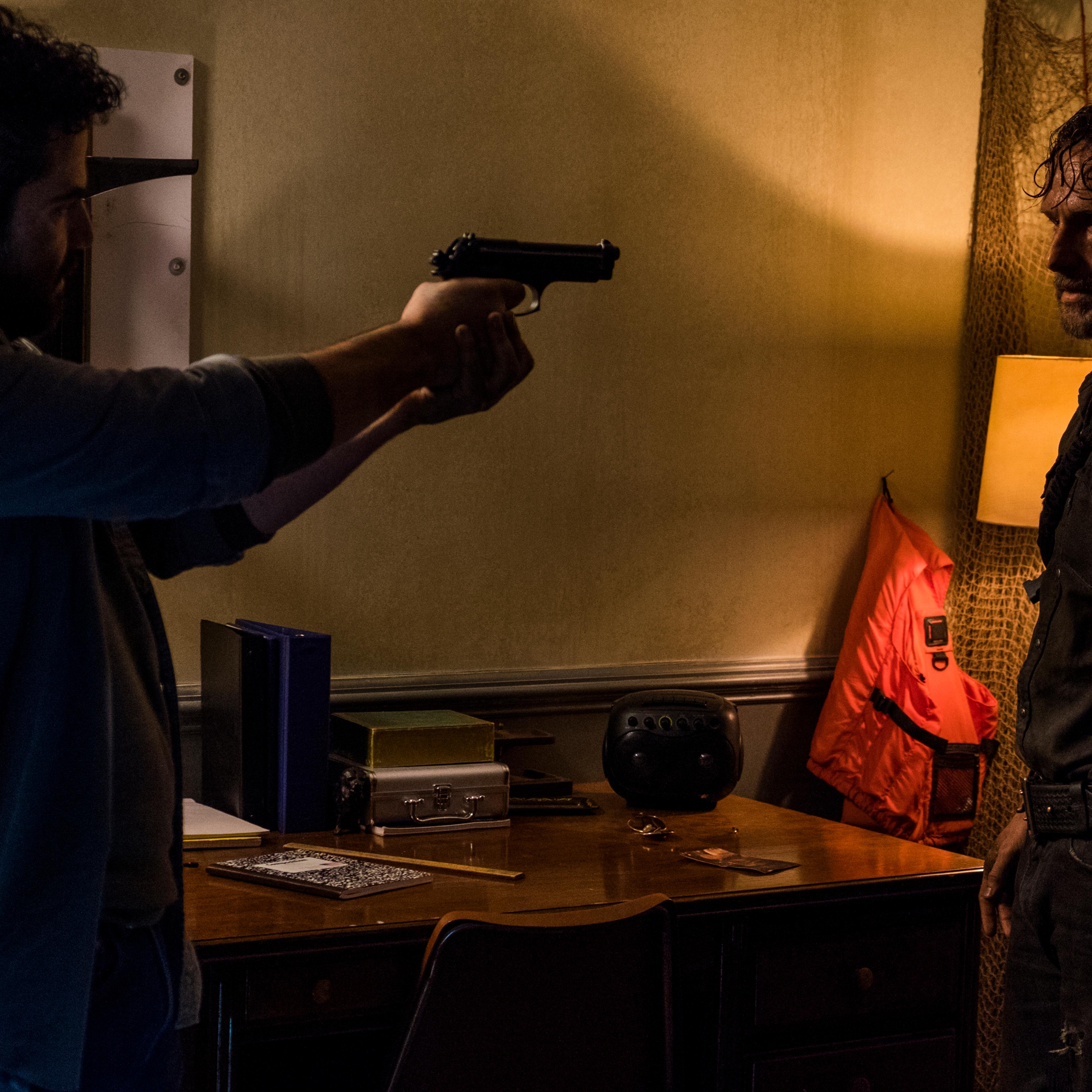 Andrew Lincoln as Rick Grimes and Juan Gabriel Pareja as Morales in The Walking Dead Season 8, Episode 3