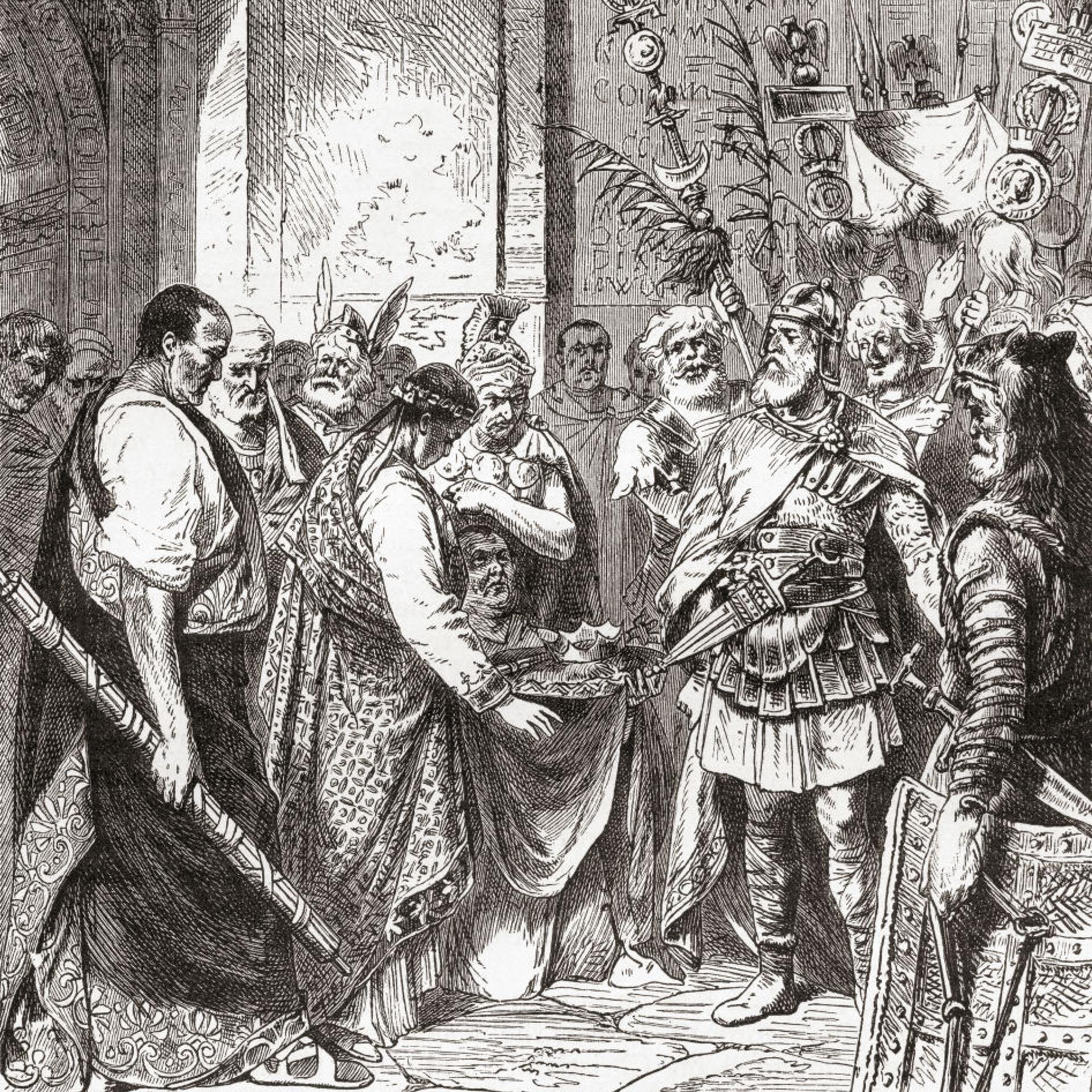 A drawing showing Flavius Odoacer forcing Romulus Augustus to resign in 476 AD.
