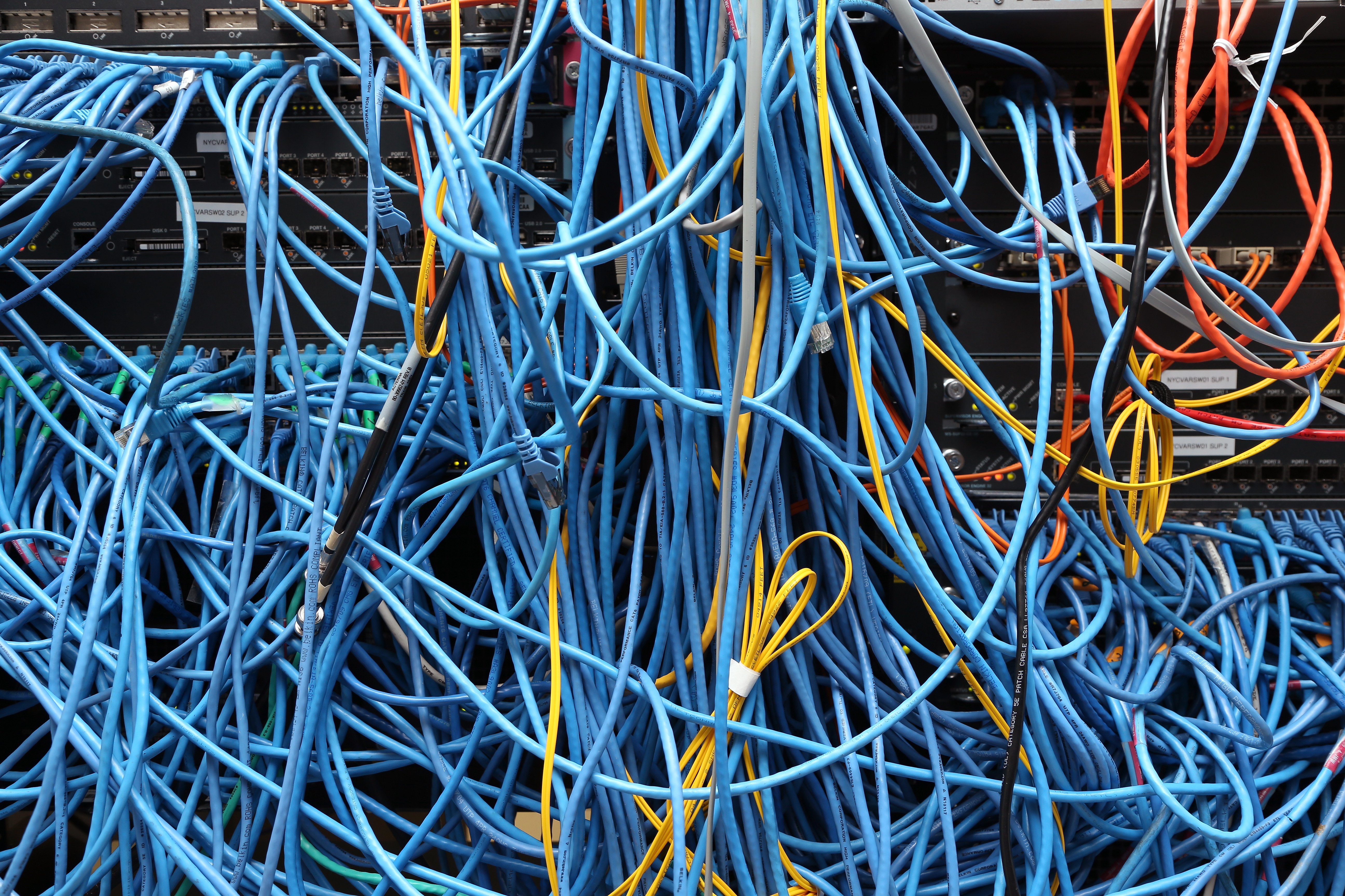 Network cables are plugged in a server room on Nov. 10, 2014 in New York City.