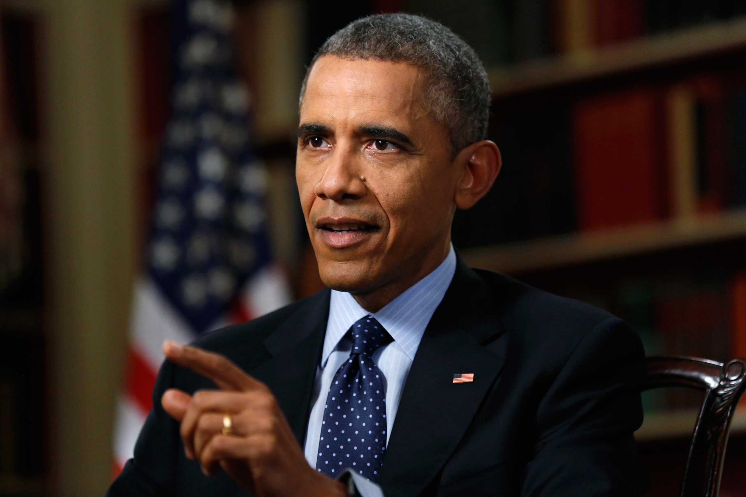 U.S. President Barack Obama speaks during an exclusive interview with Reuters in the Library of the White House in Washington on March 2, 2015.