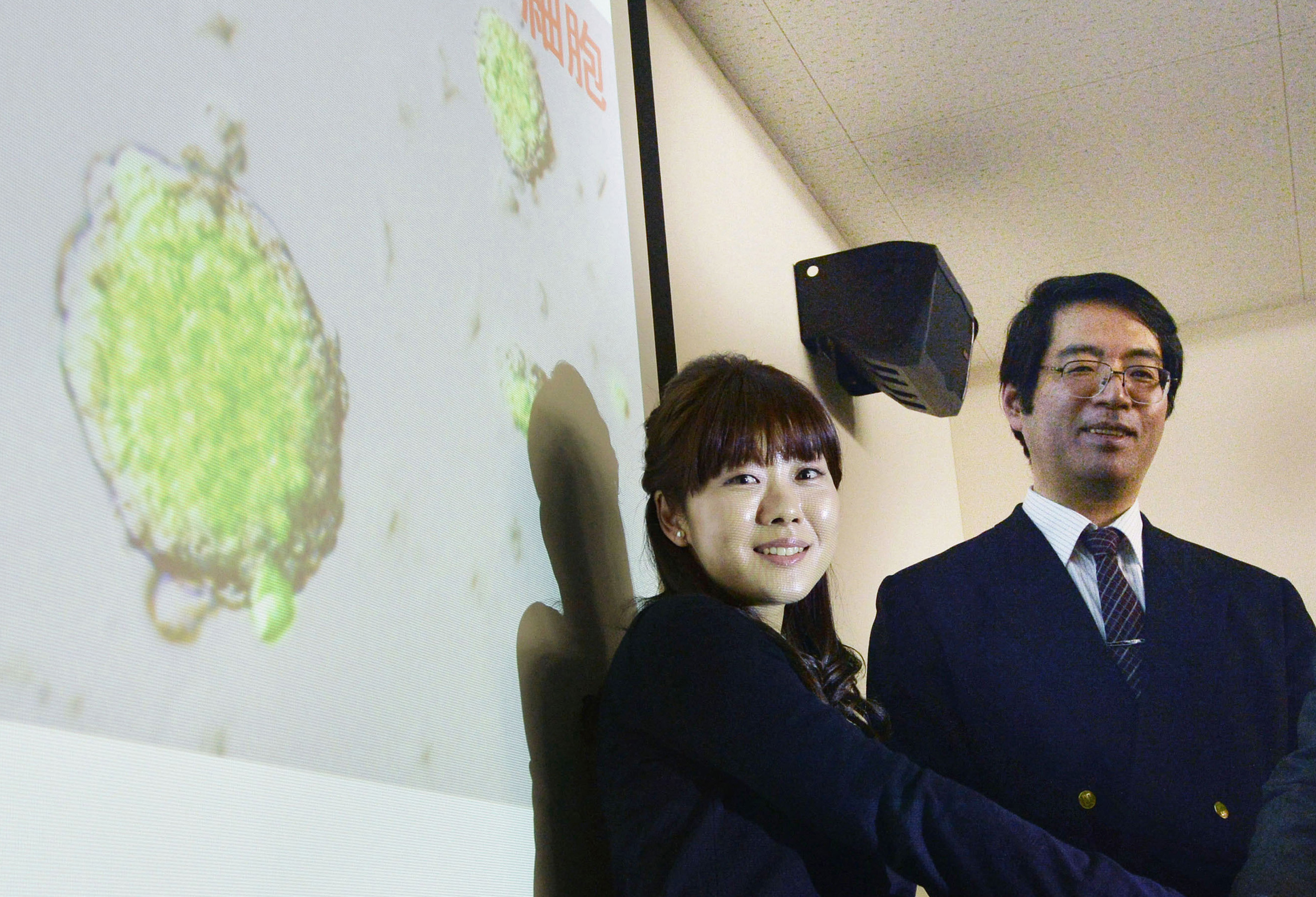Sasai, deputy director of the Riken's Center for Developmental Biology, poses for a photo with Haruko Obokata in front of a screen showing STAP cells, in Kobe