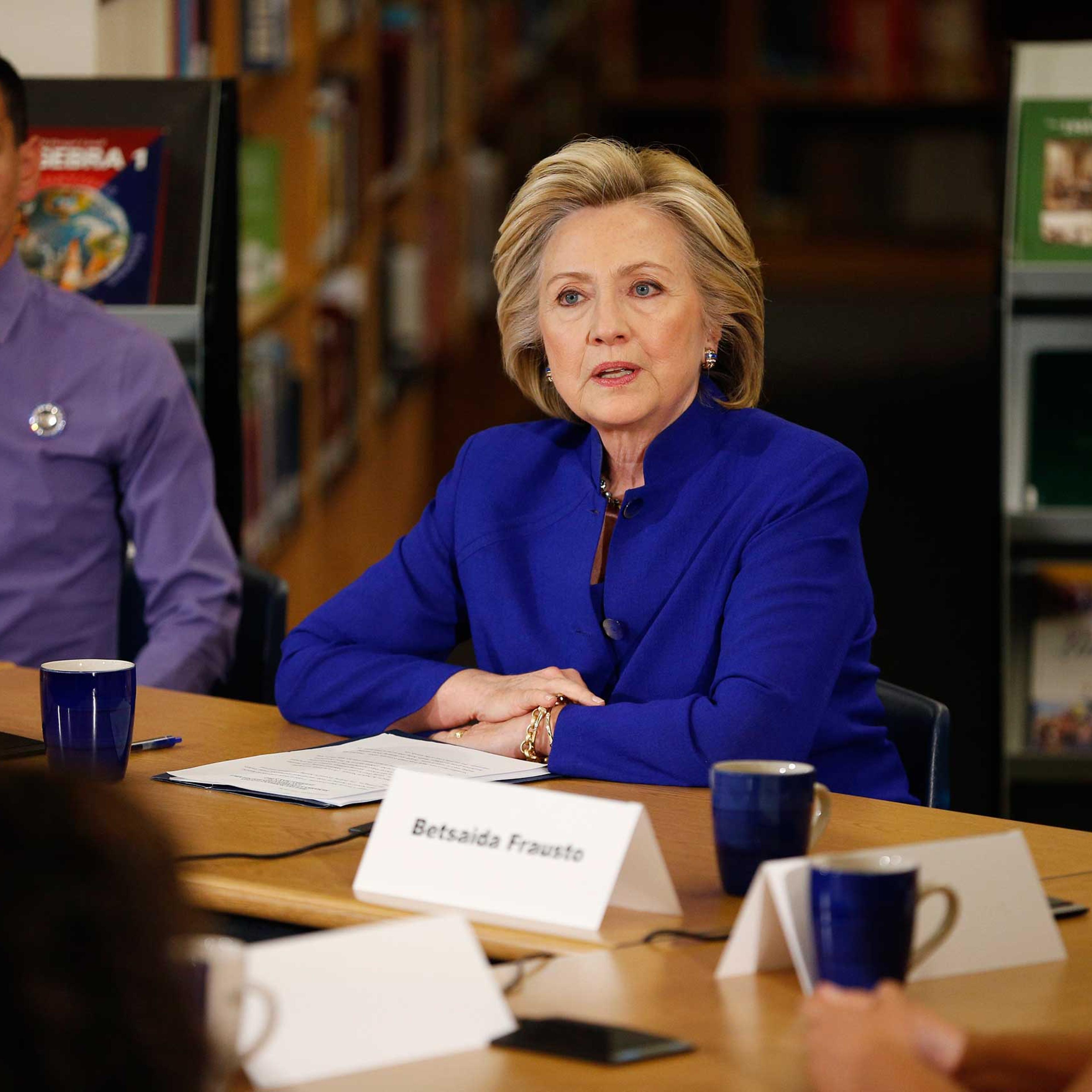 Hillary Rodham Clinton speaks with a group at an event at Rancho High School in Las Vegas on May 5, 2015.