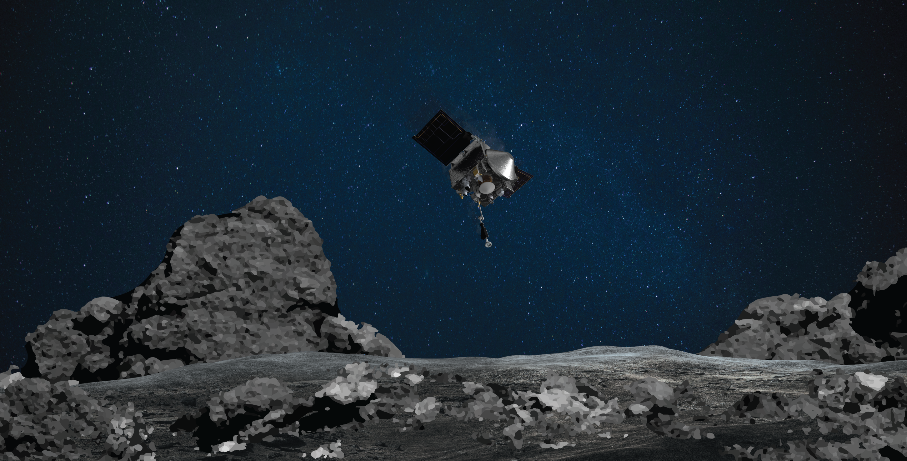 A rendering of NASA’s OSIRIS-REx readying itself to touch the surface of asteroid Bennu.