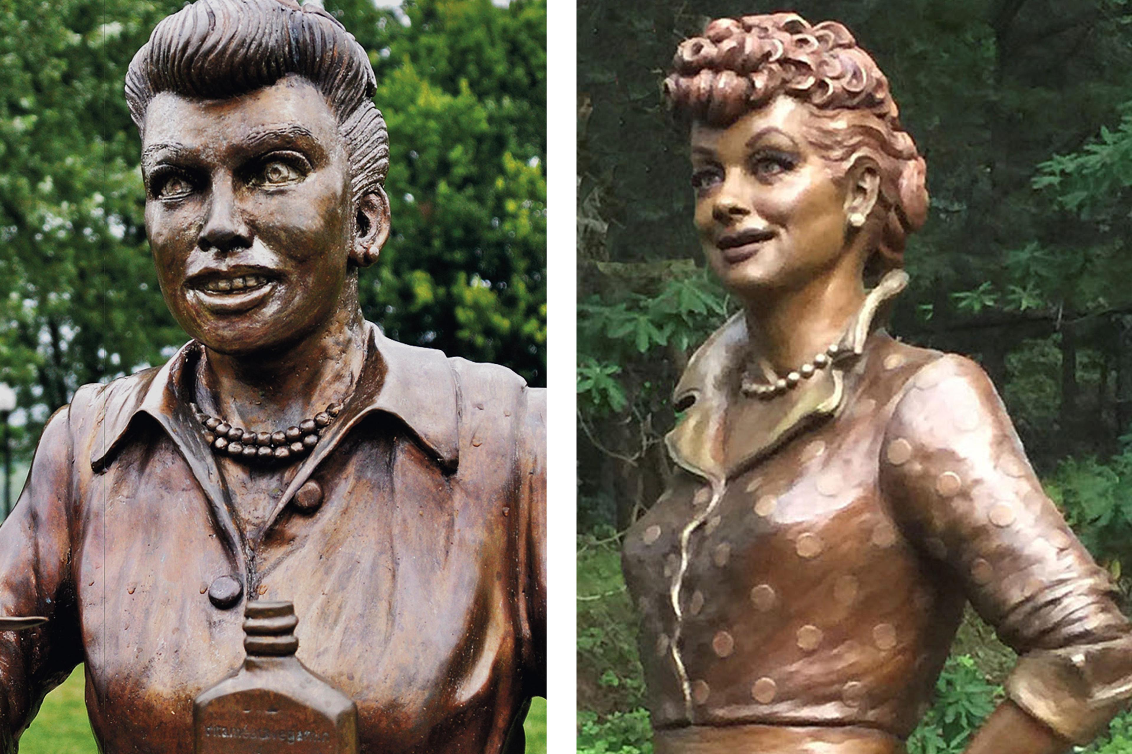 Left: The bronze sculpture of Lucille Ball by Dave Poulin, seen at the Lucille Ball Memorial Park in Celoron, N.Y.. in Aug. 2012; Right the bronze sculpture of Lucille Ball by Carolyn D. Palmer, unveiled at the Lucille Ball Memorial Park in Celeron, N.Y.