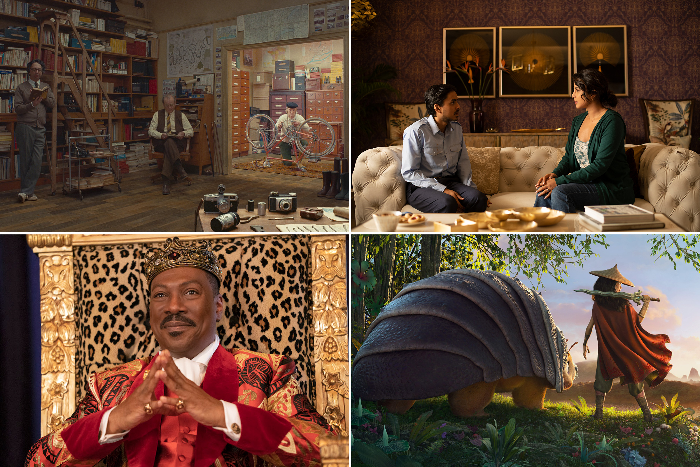 Clockwise from top left: Wally Wolodarsky, Bill Murray and Owen Wilson in The French Dispatch; ​Adarsh Gourav and Priyanka Chopra in White Tiger; Raya and the Last Dragon; Eddie Murphy in Coming 2 America
