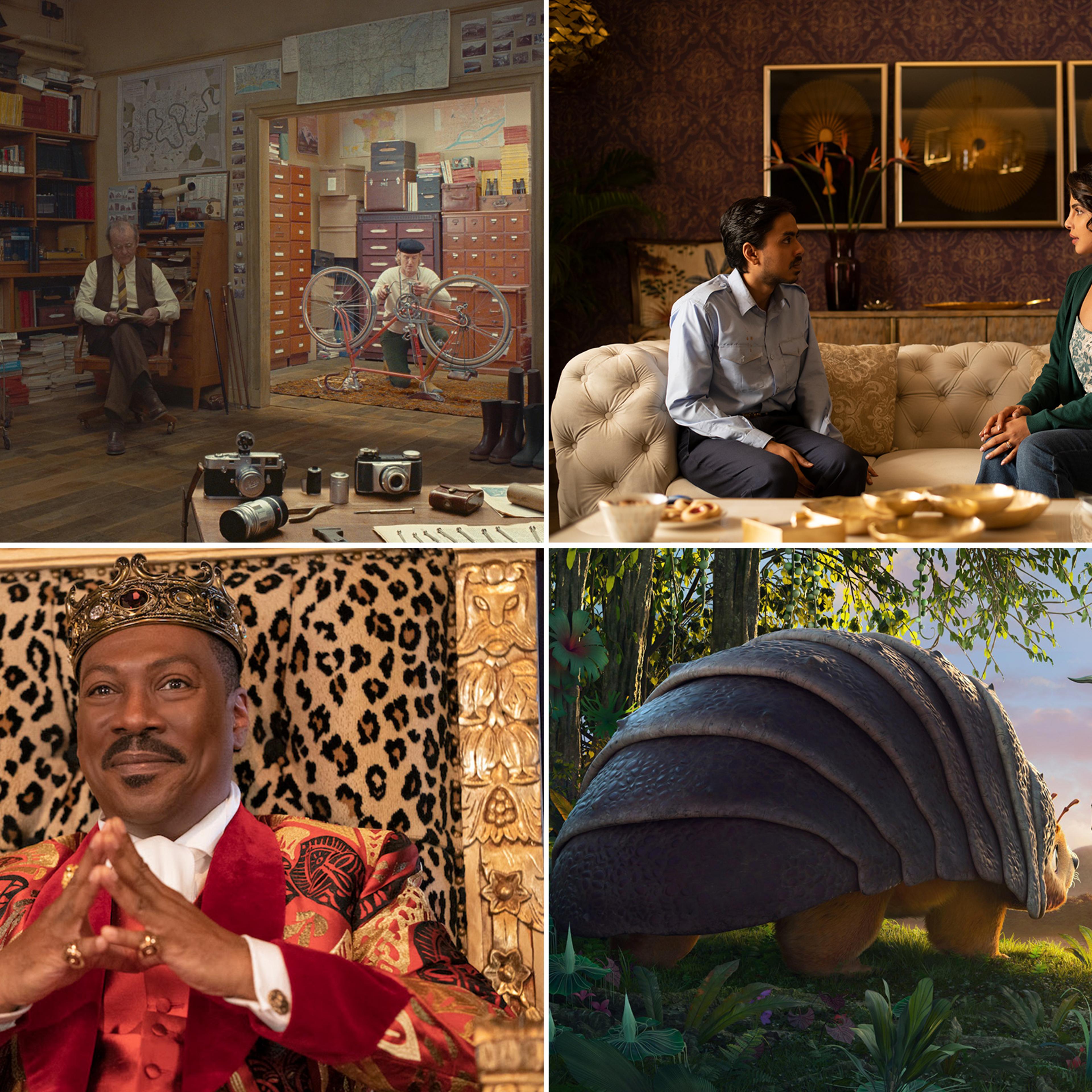 Clockwise from top left: Wally Wolodarsky, Bill Murray and Owen Wilson in The French Dispatch; Adarsh Gourav and Priyanka Chopra in White Tiger; Raya and the Last Dragon; Eddie Murphy in Coming 2 America