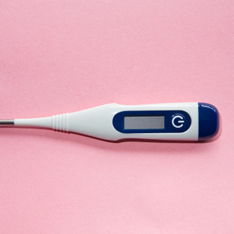 Digital thermometer on pink background