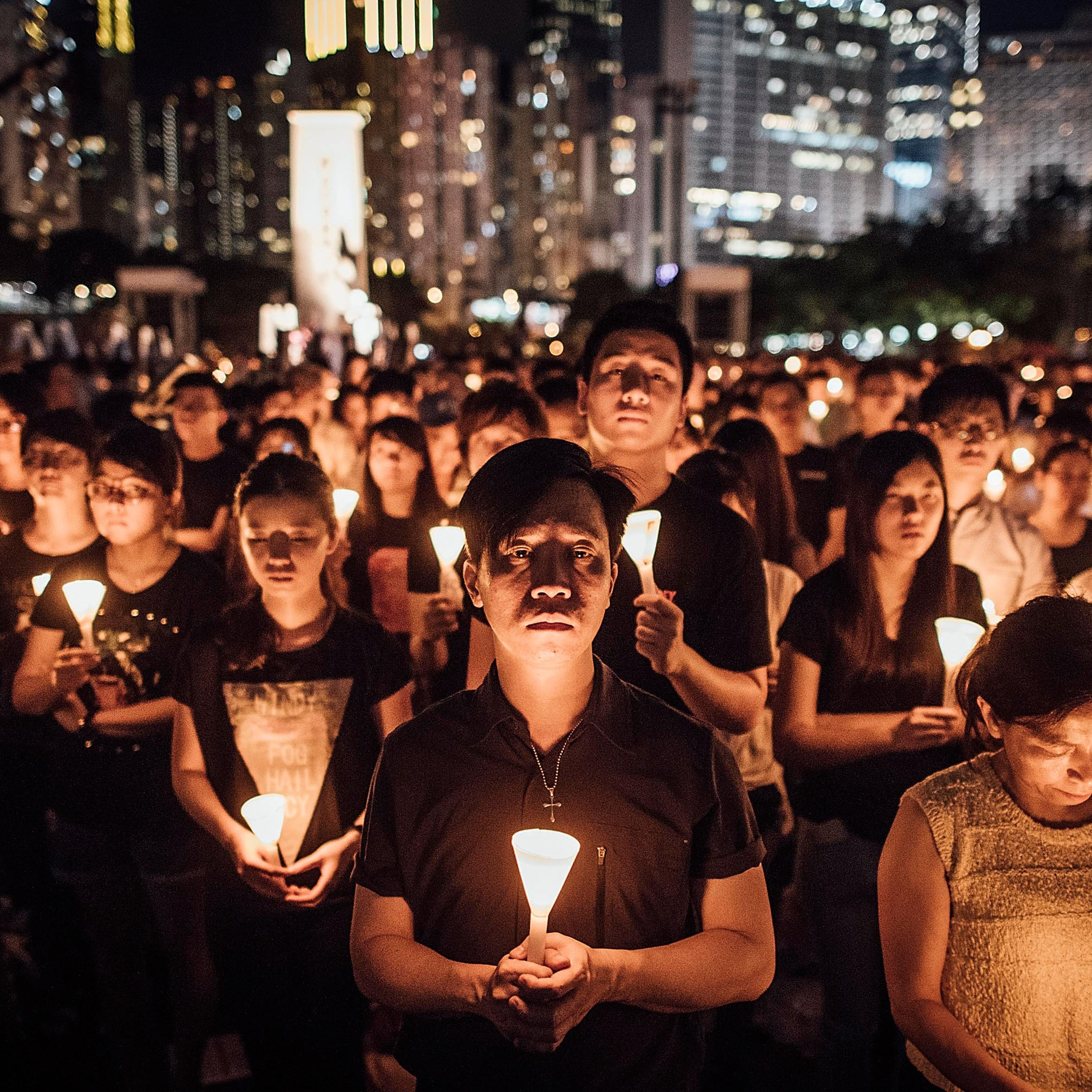 <> at Victoria Park on June 4, 2015 in Causeway Bay, Hong Kong. Hong Kong residents held a candlelight vigil as it marks 26th anniversary of 1989 student-led Tiananmen Square protest.