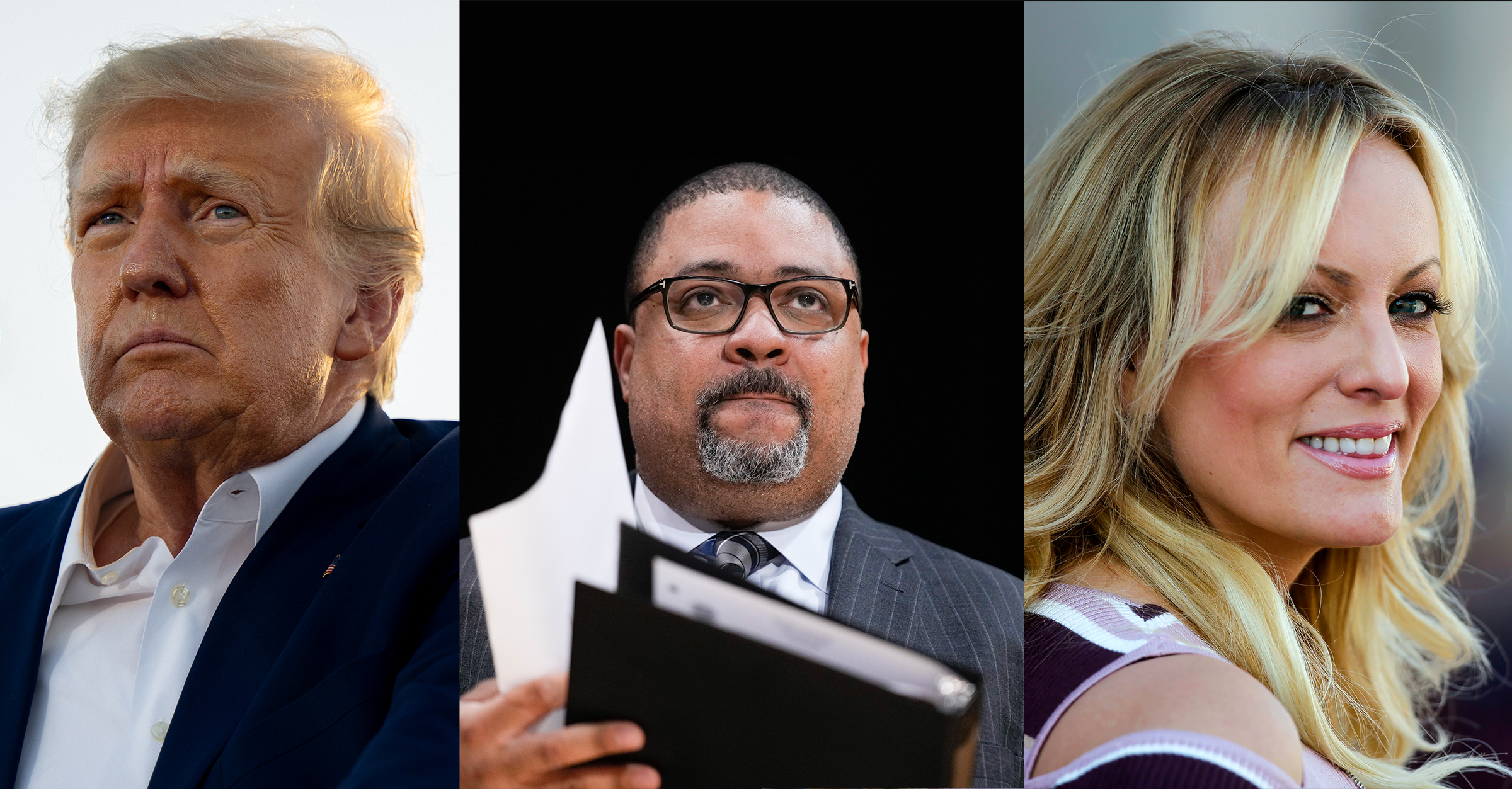 From left: Donald Trump speaks during a rally in Waco, Texas, on March 25; Manhattan District Attorney Alvin Bragg listens at news conference in New York on Feb. 7; Stormy Daniels attends the opening of an adult entertainment fair in Berlin in 2018.