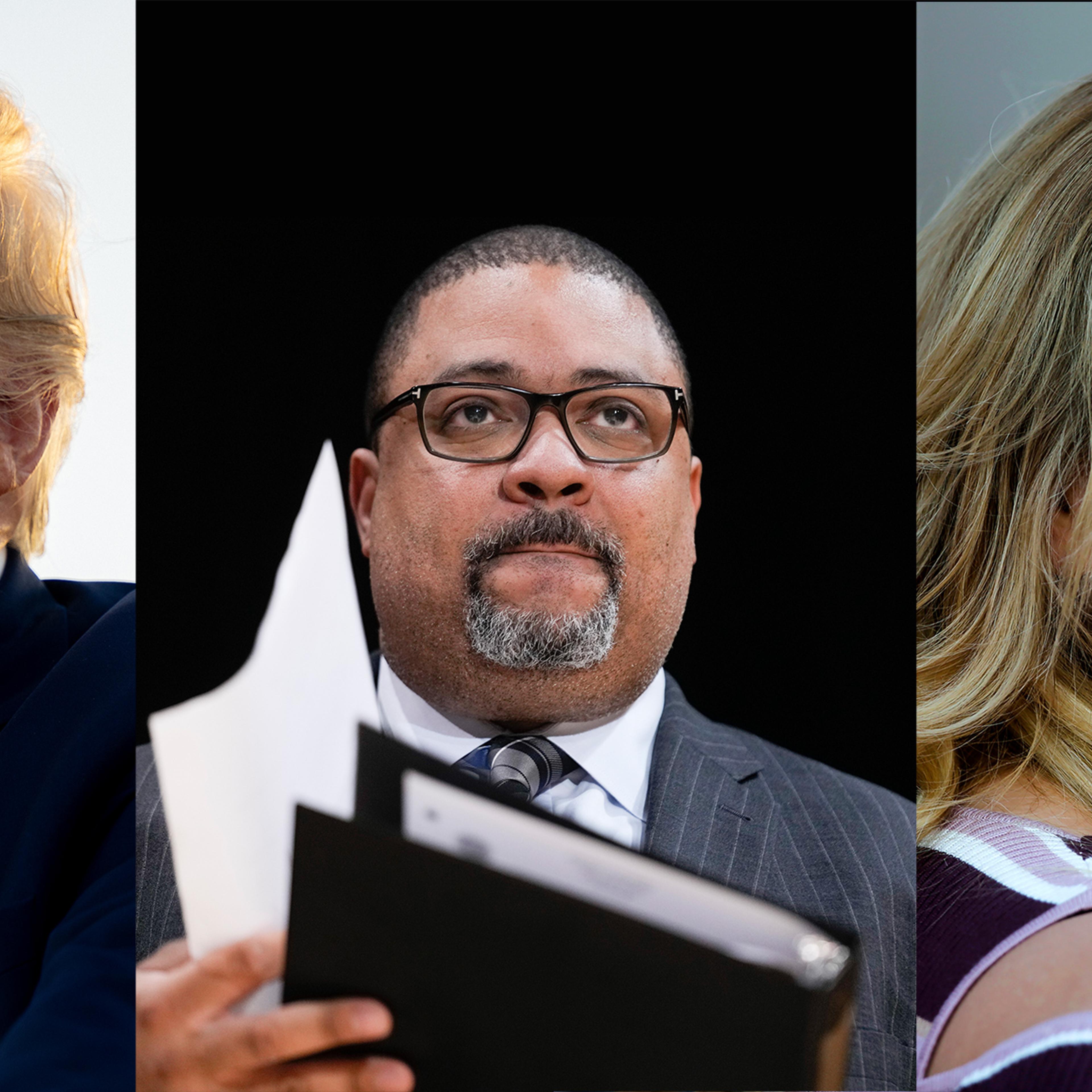 From left: Donald Trump speaks during a rally in Waco, Texas, on March 25; Manhattan District Attorney Alvin Bragg listens at news conference in New York on Feb. 7; Stormy Daniels attends the opening of an adult entertainment fair in Berlin in 2018.