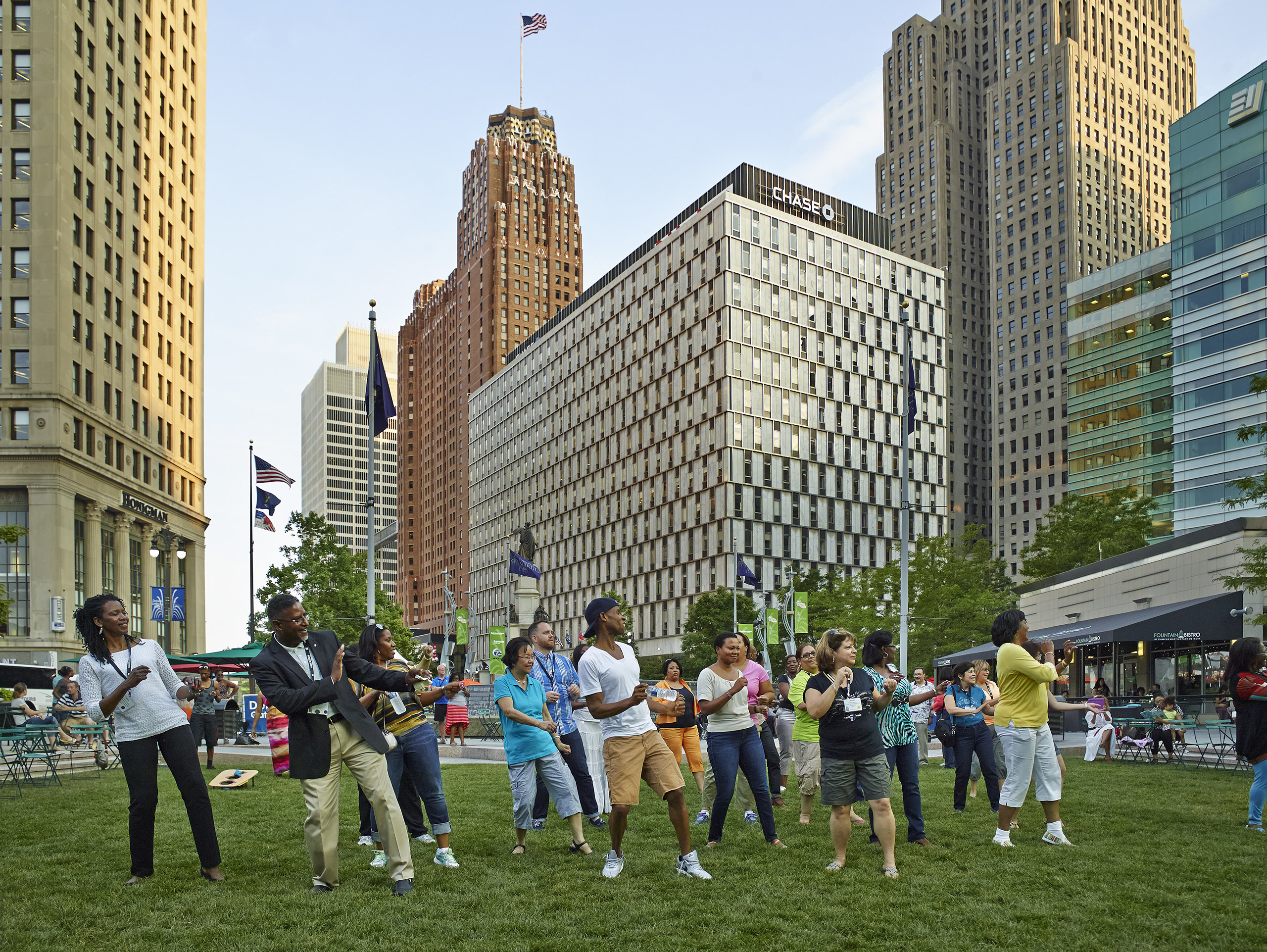 A group of diversity activists celebrate at a downtown Detroit park 