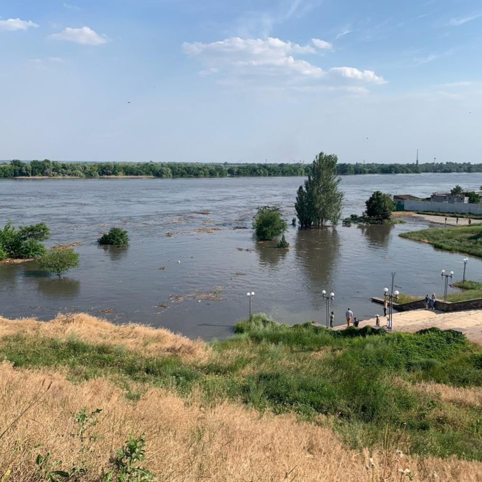 A view of floodwaters caused after explosions at the Kakhovka hydropower plant in Kherson, Ukraine on June 6, 2023.