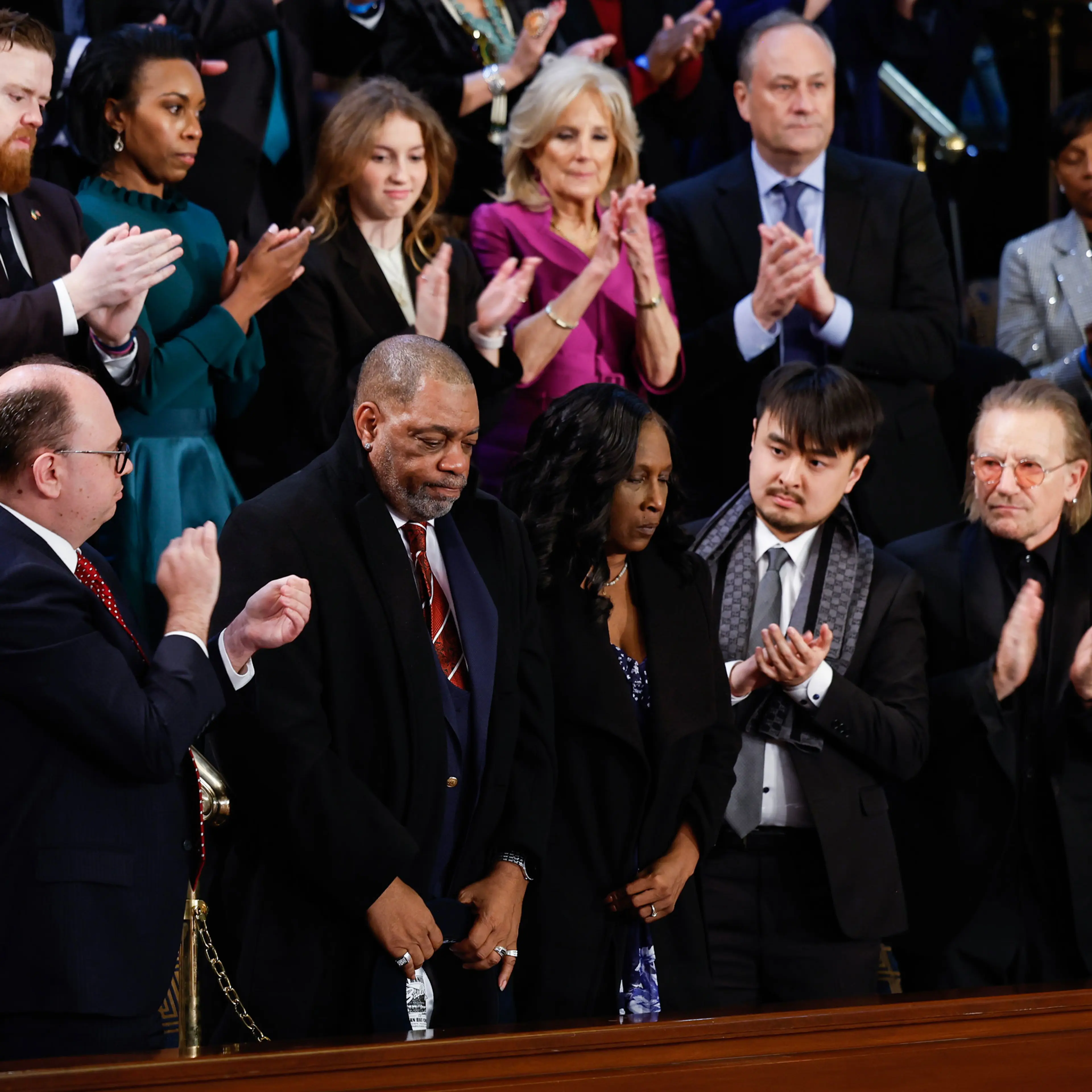 Rodney Wells and RowVaughn Wells, parents of Tyre Nichols, are applauded during U.S. President Joe Biden’s State of the Union