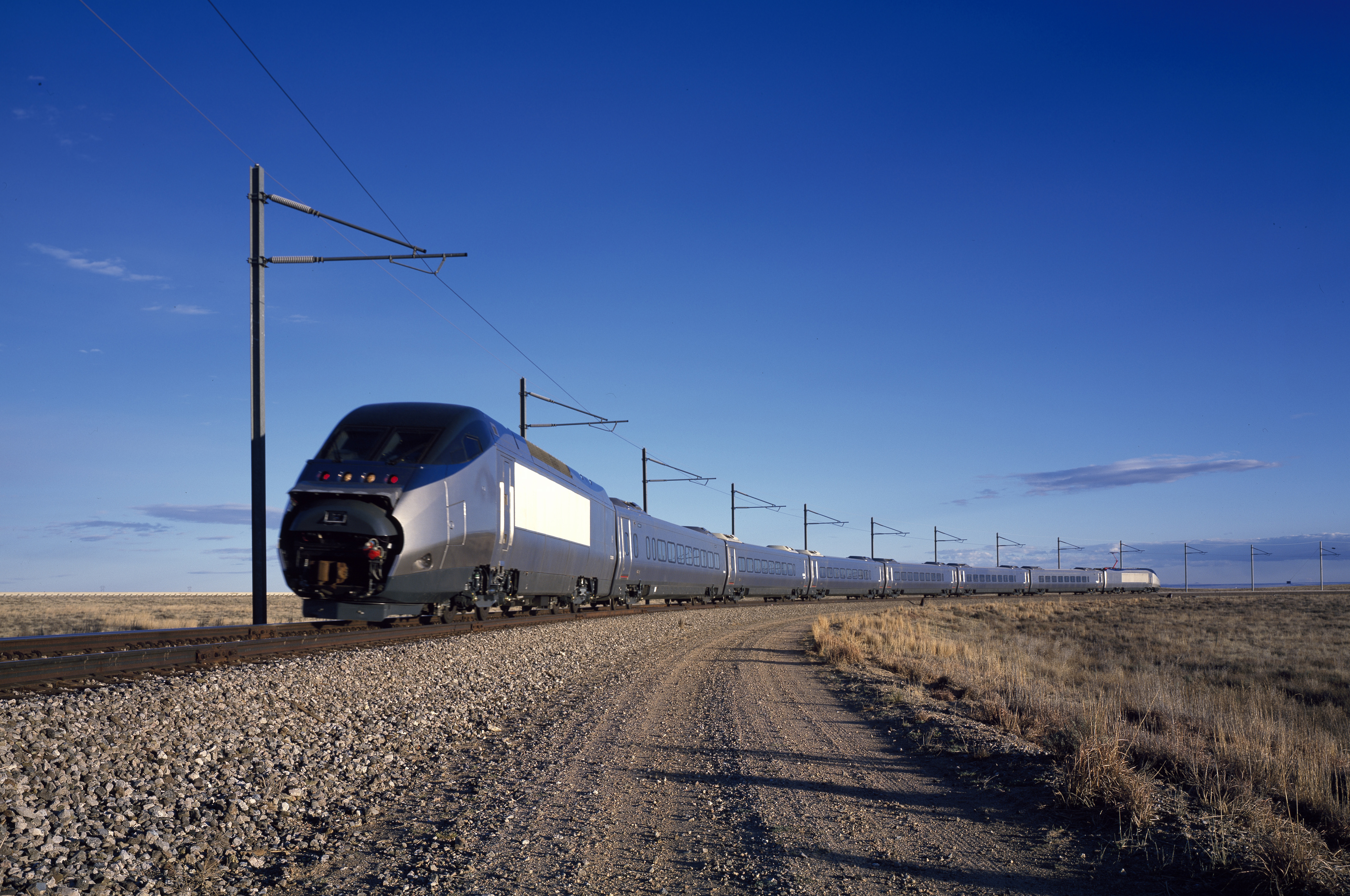 An Amtrak Acela high-speed train is tested in Pueblo, Colo.