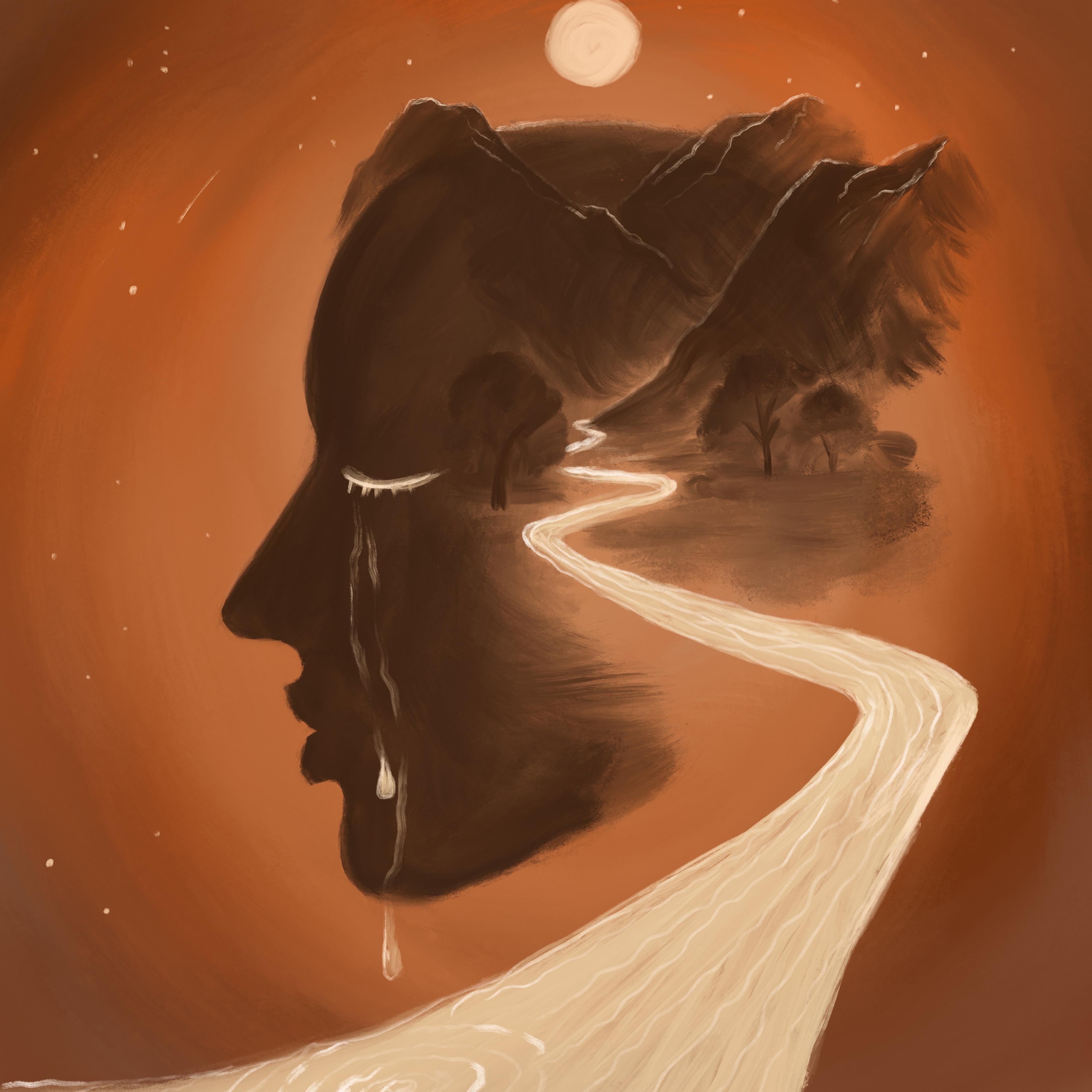abstract portrait symbolizing depression and psychotherapy. Profile of a woman with a road and tears