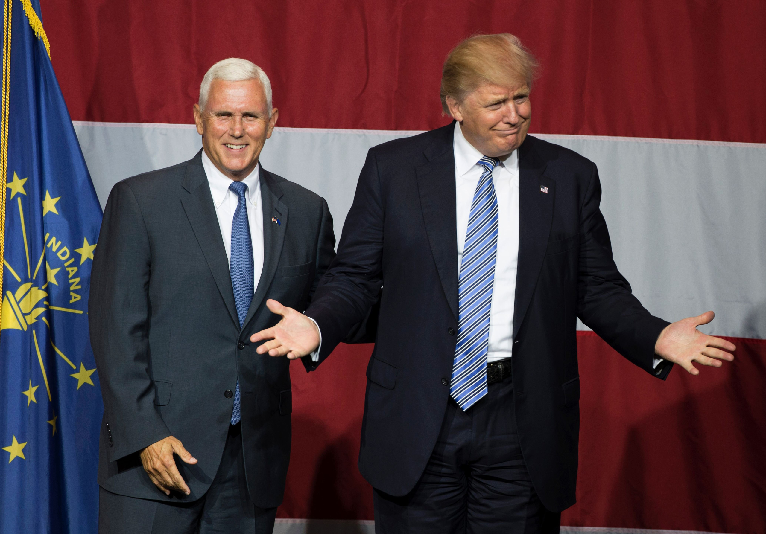 Republican presidential candidate Donald Trump and Indiana Governor Mike Pence taking the stage during a campaign rally at Grant Park Event Center in Westfield, Ind. on July 12, 2016.