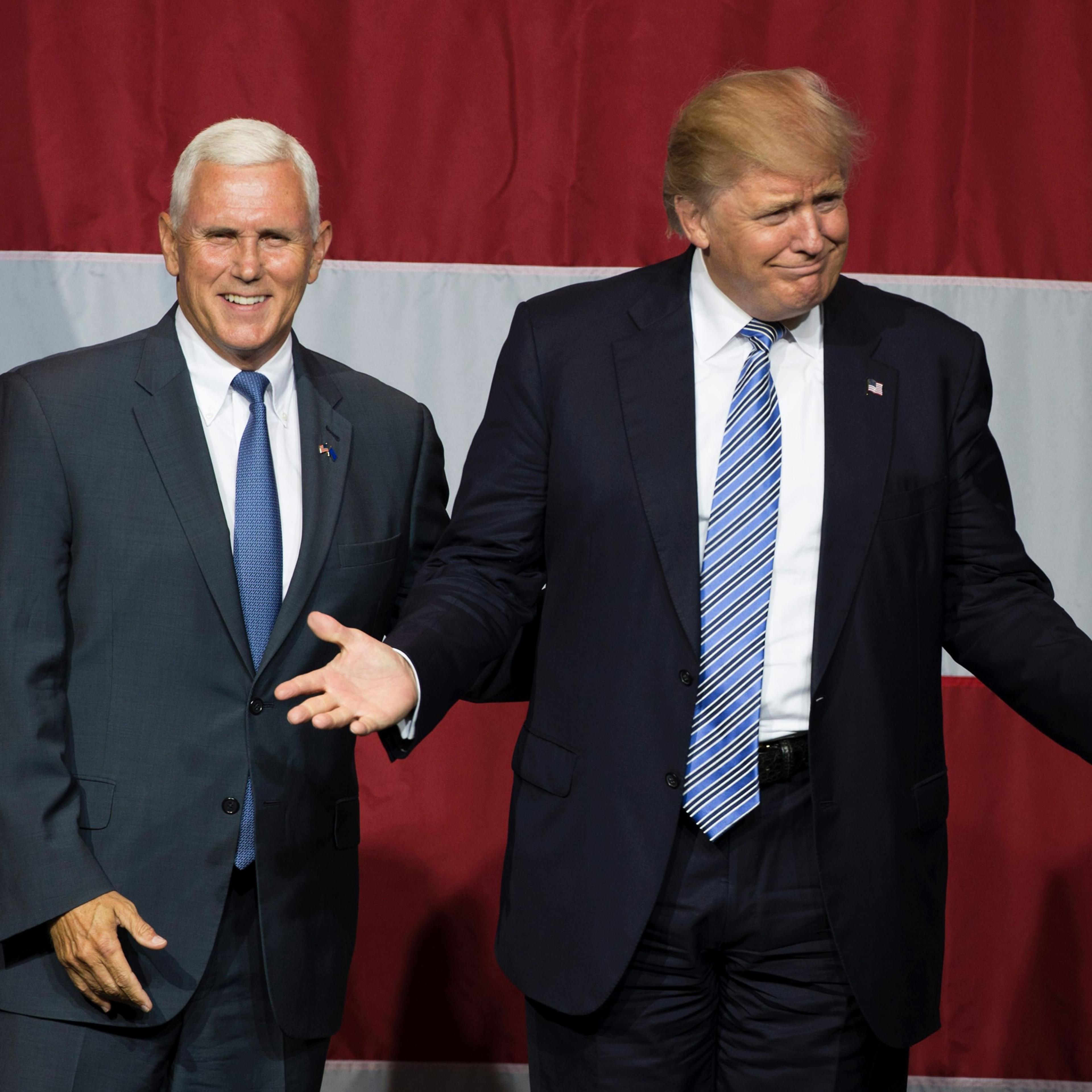 Republican presidential candidate Donald Trump and Indiana Governor Mike Pence taking the stage during a campaign rally at Grant Park Event Center in Westfield, Ind. on July 12, 2016.