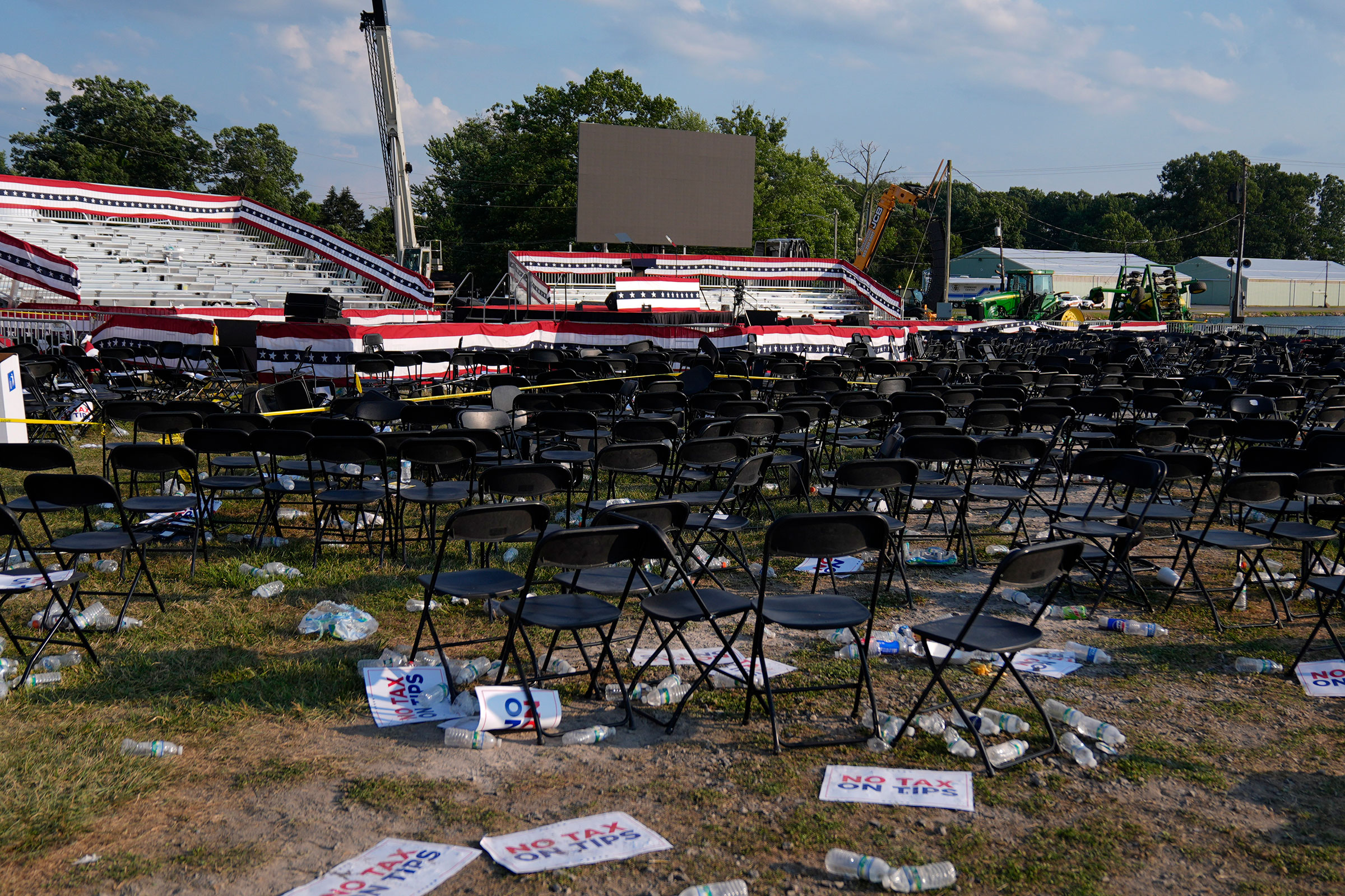 A campaign rally site for Republican presidential candidate former President Donald Trump is empty and littered with debris in Butler, Pa., on July 13, 2024.