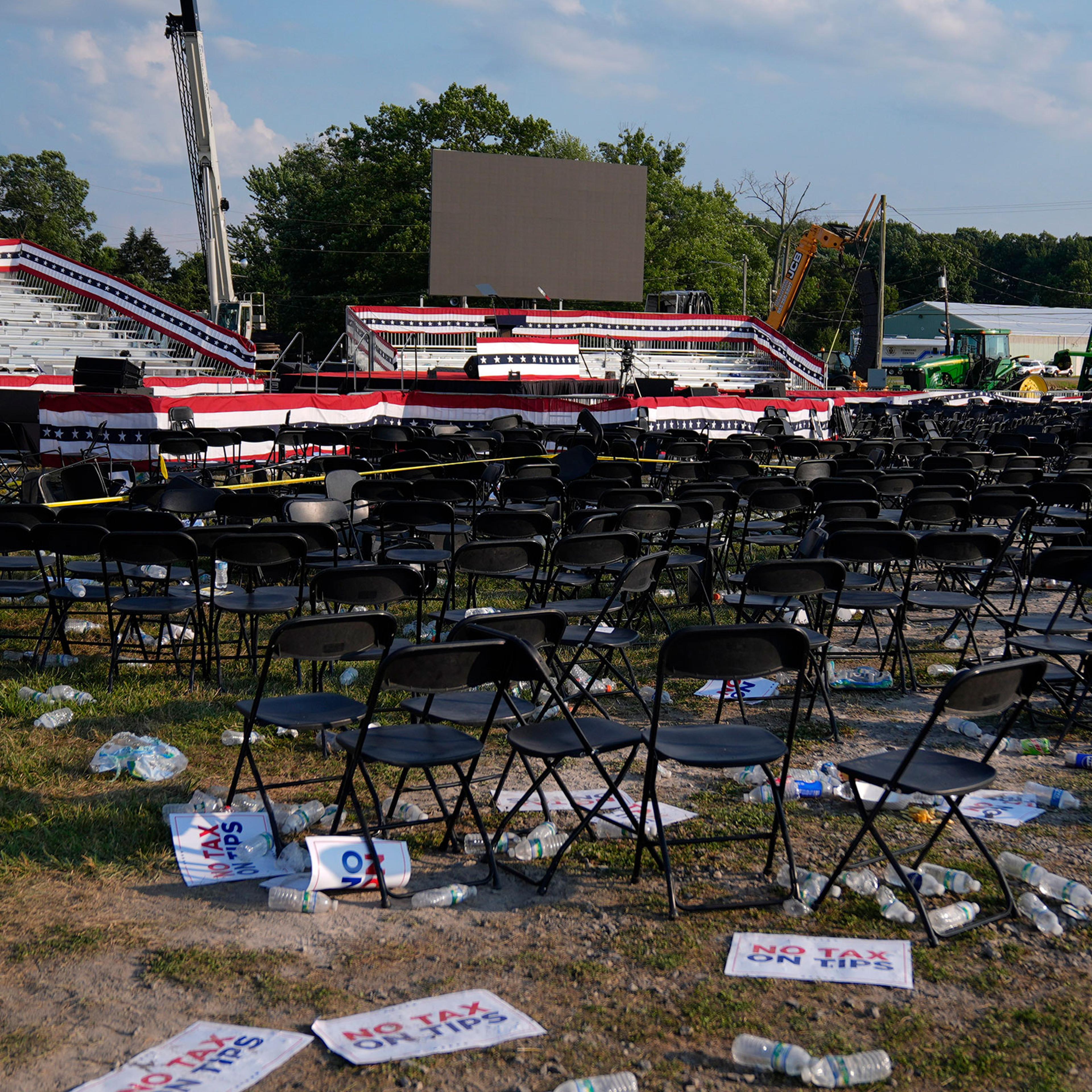 A campaign rally site for Republican presidential candidate former President Donald Trump is empty and littered with debris in Butler, Pa., on July 13, 2024.