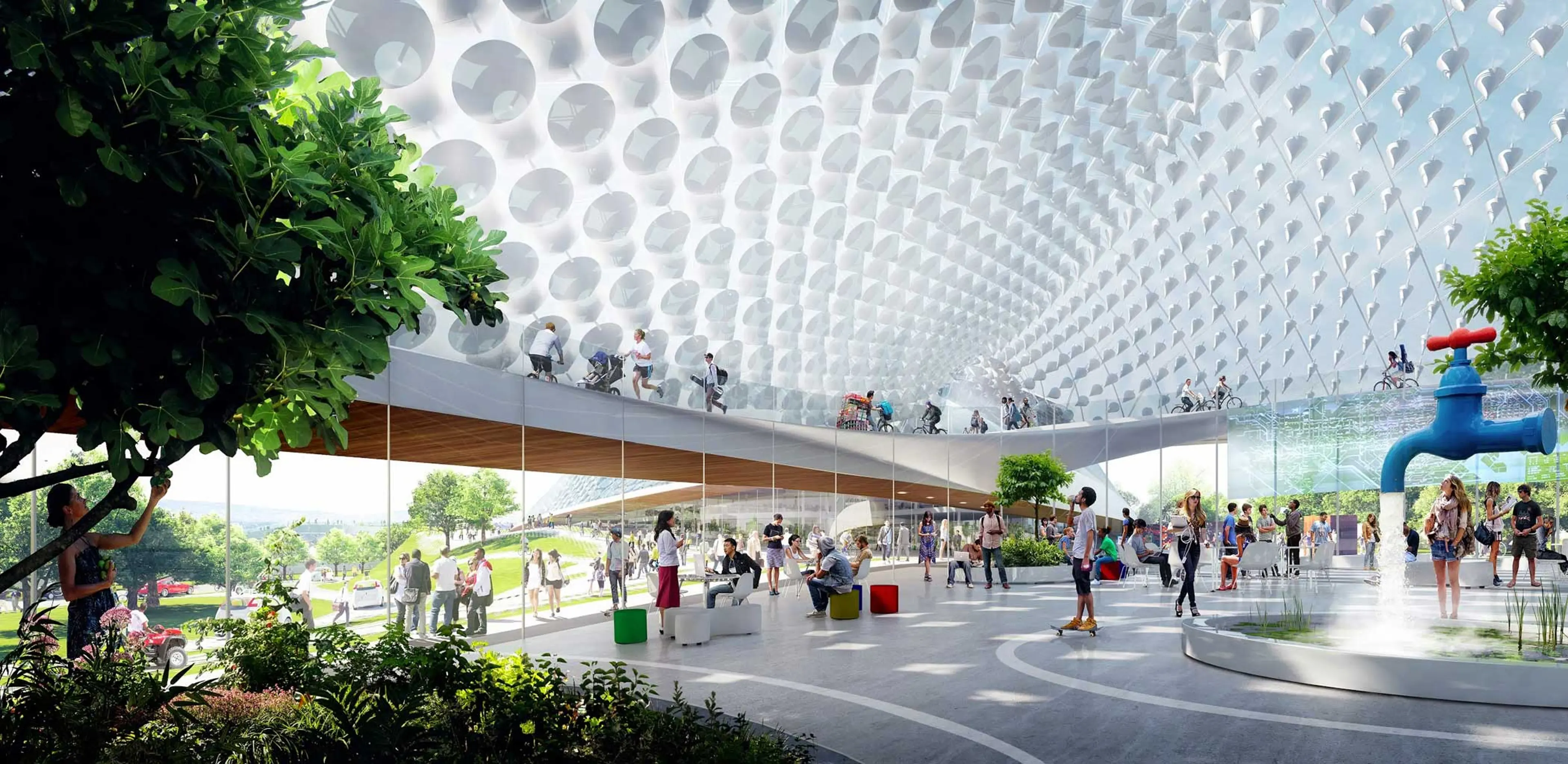 This rendering shows the entry lobby of the proposed Landings building. Consolidated parking sits below the building, helping us reach our goal of Net-Zero parking. Once at Landings, visitors can easily connect to the rest of campus through one of severa