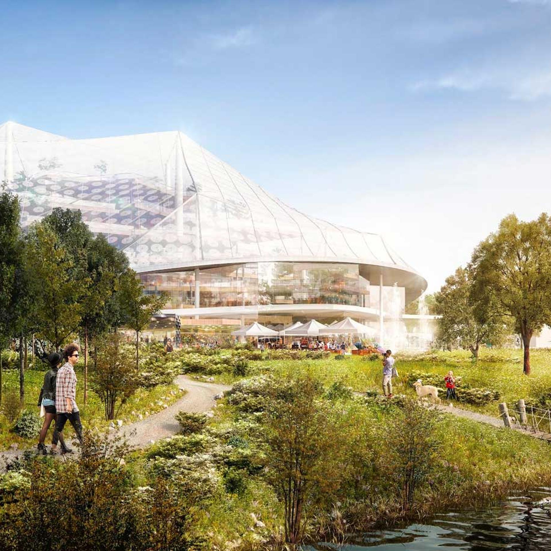 This rendering shows a restored natural habitat around Permanente Creek, near the proposed Landings project. You can’t tell, but a consolidated parking structure is hidden below this landscaped garden. By consolidating parking, traffic congestion is redu