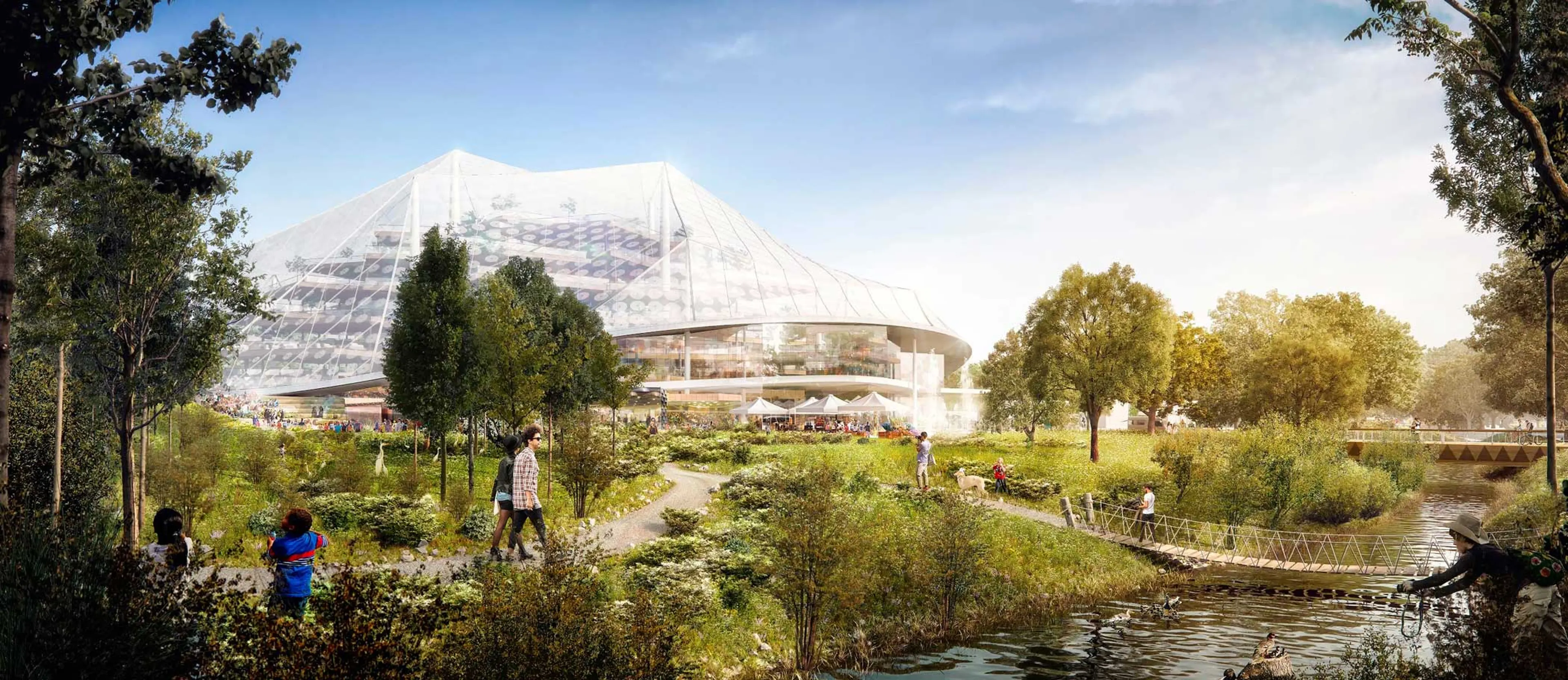 This rendering shows a restored natural habitat around Permanente Creek, near the proposed Landings project. You can’t tell, but a consolidated parking structure is hidden below this landscaped garden. By consolidating parking, traffic congestion is redu