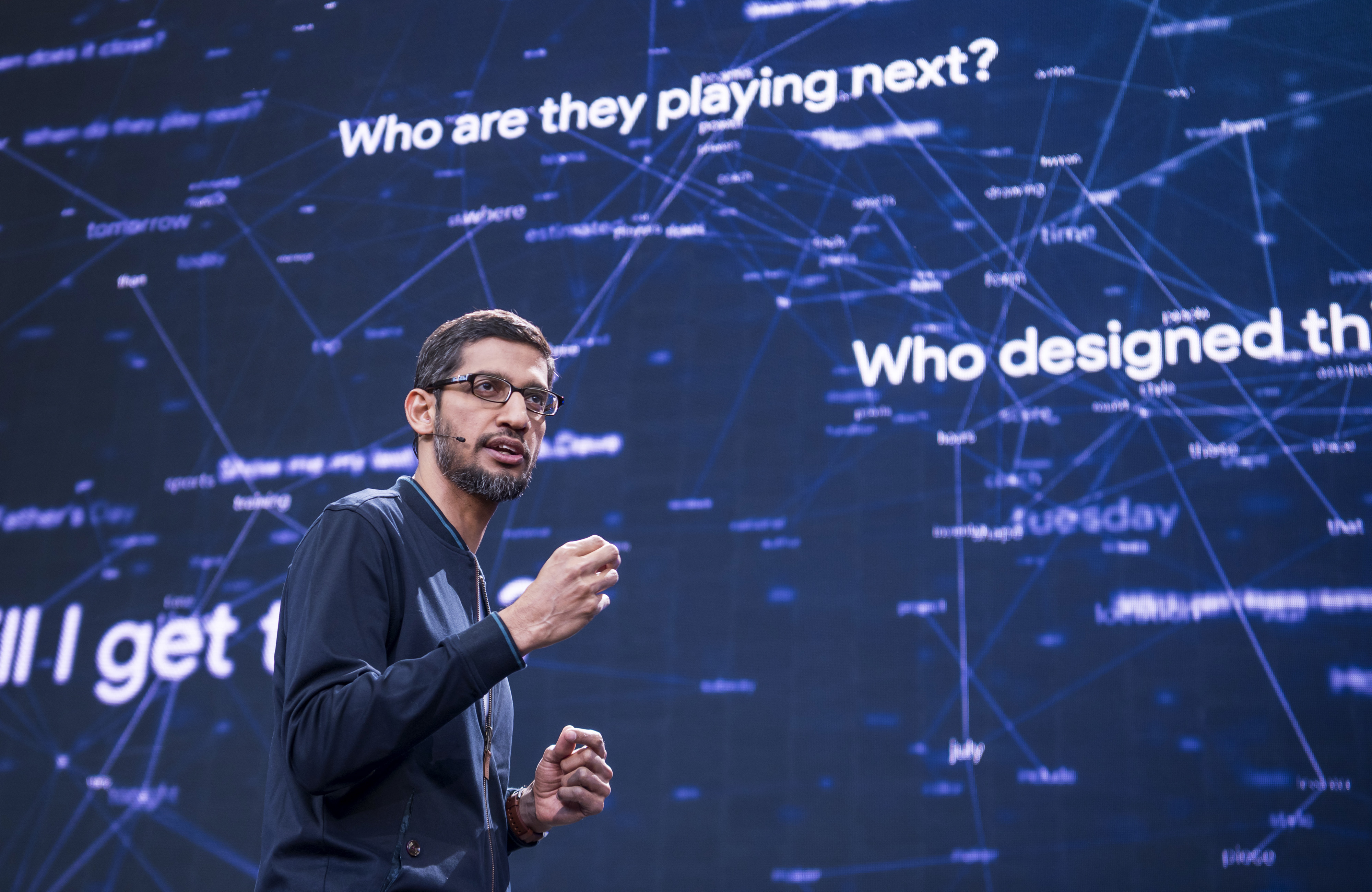 Sundar Pichai, chief executive officer of Google Inc., speaks during the Google I/O Annual Developers Conference in Mountain View, California on Wednesday, May 18, 2016.