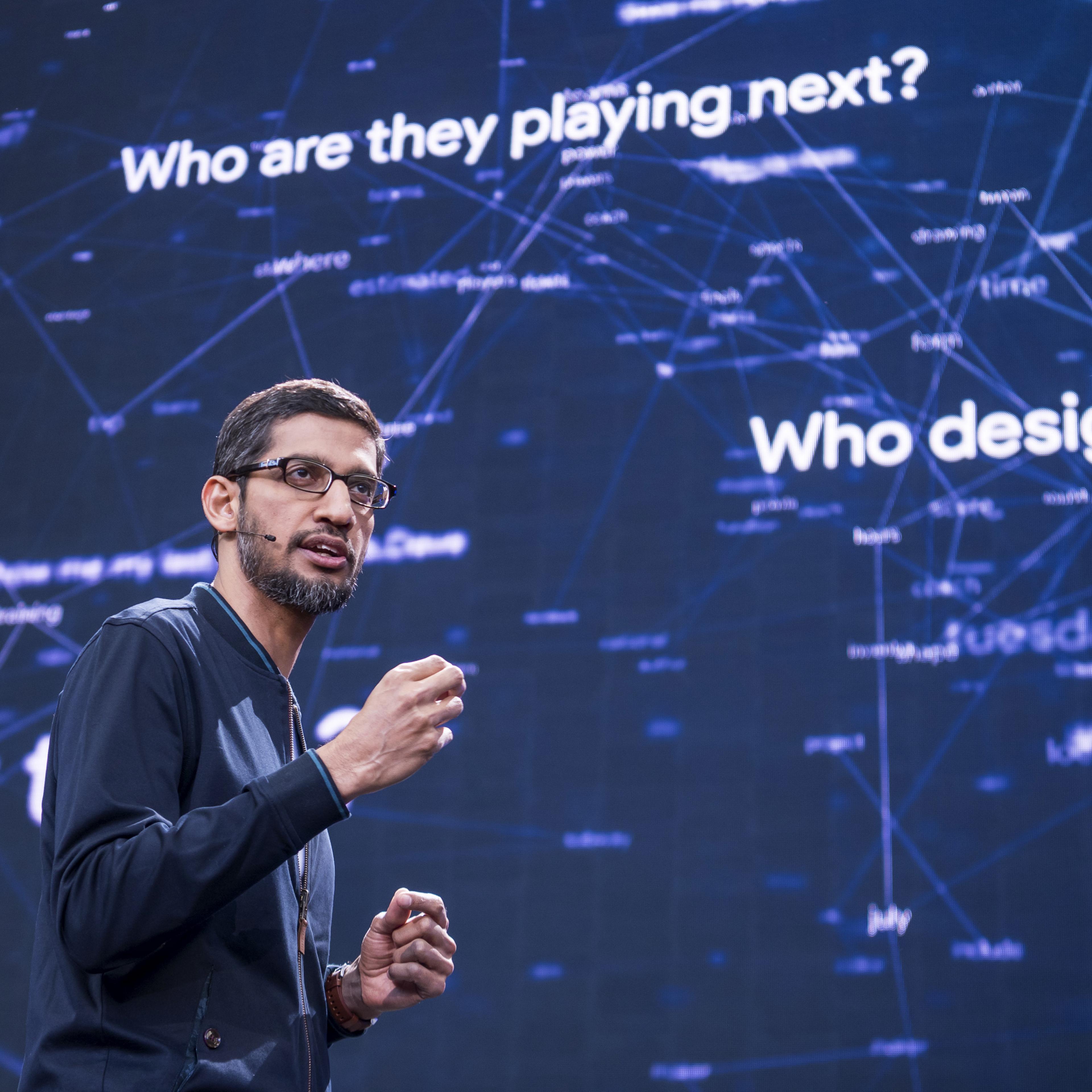 Sundar Pichai, chief executive officer of Google Inc., speaks during the Google I/O Annual Developers Conference in Mountain View, California on Wednesday, May 18, 2016.