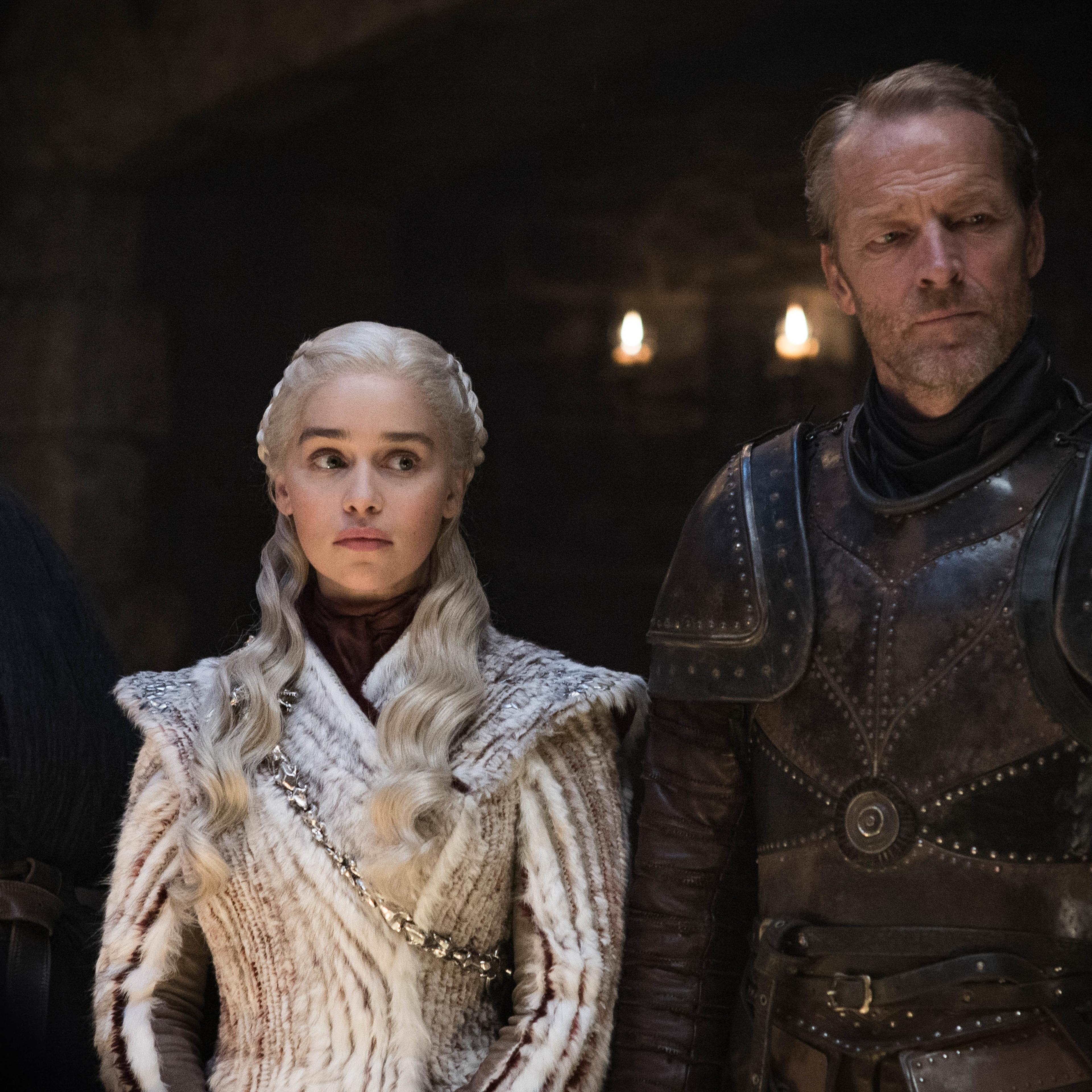 Conleth Hill as Varys, Emilia Clarke as Daenerys Targaryen, and Iain Glen as Jorah Mormont in 'Game of Thrones.'