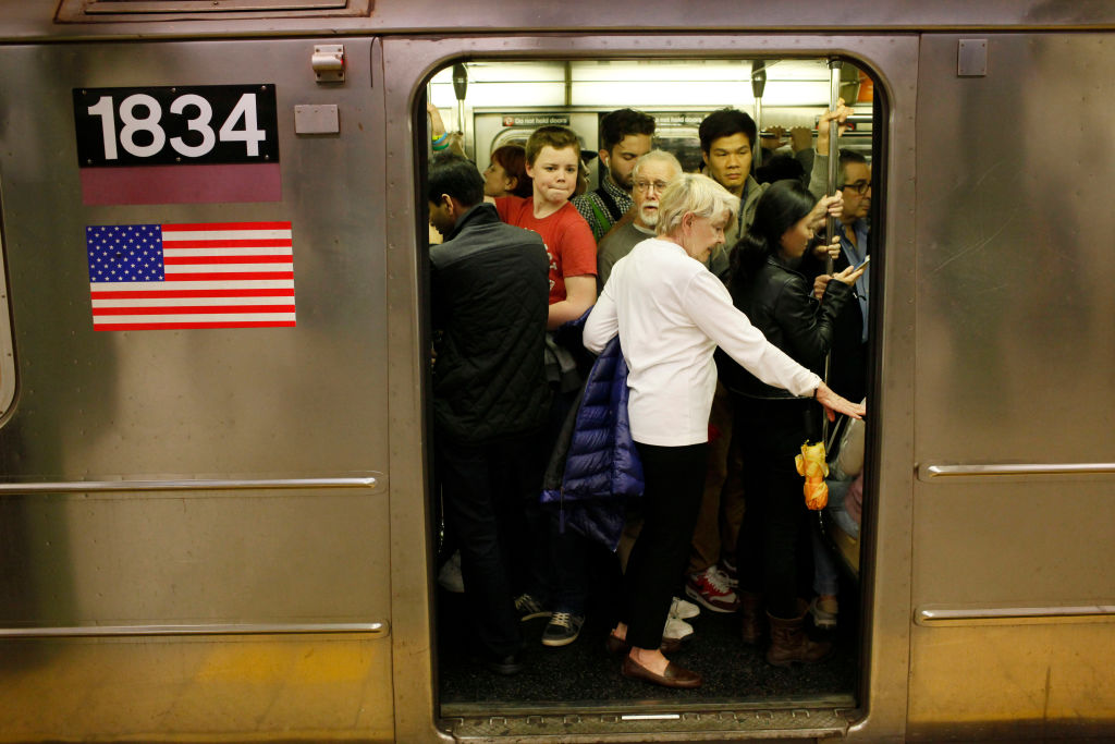 A crowded subway train in New York City