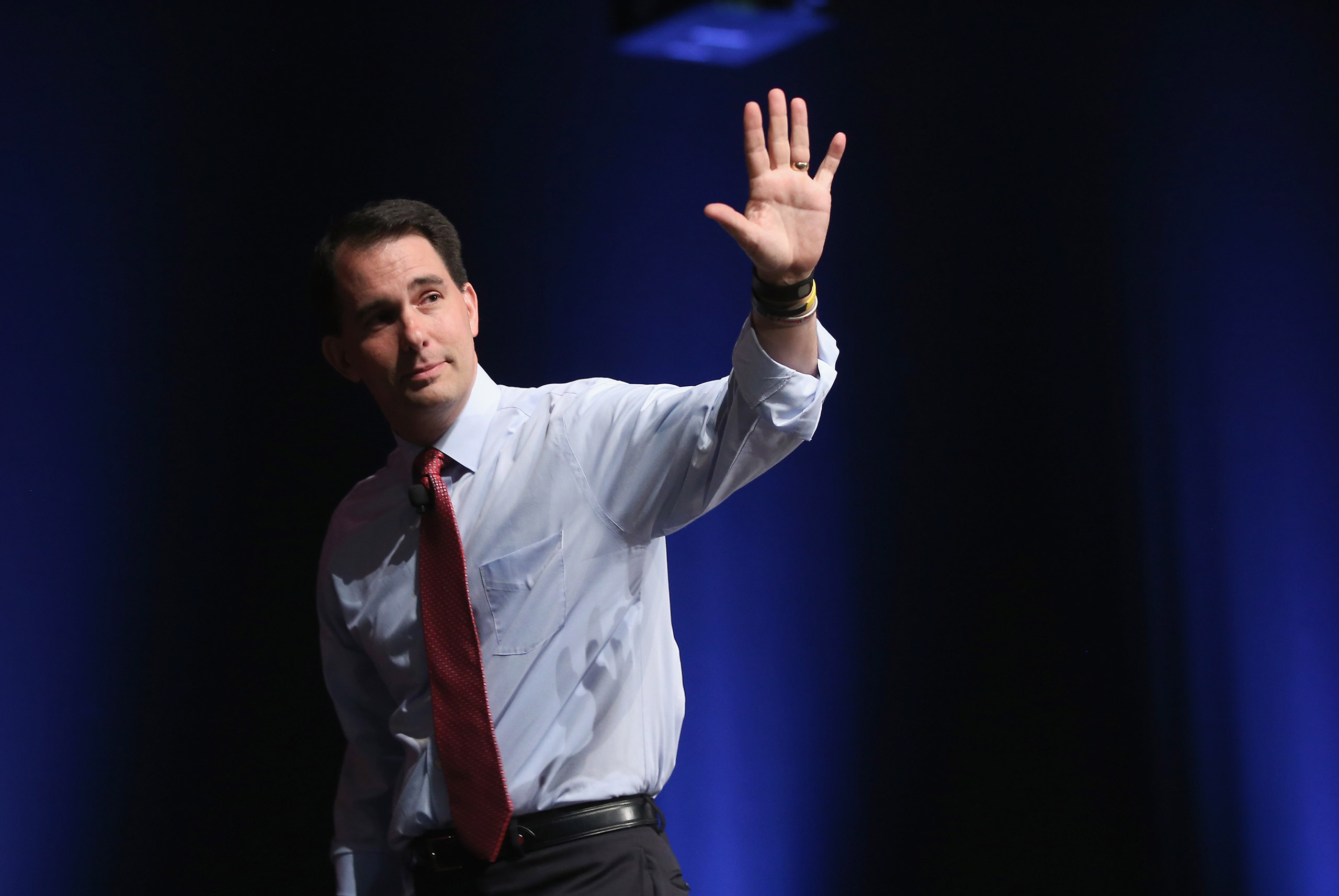 AMES, IA - JULY 18: Republican presidential candidate Wisconsin Governor Scott Walker greets guests at The Family Leadership Summit at Stephens Auditorium on July 18, 2015 in Ames, Iowa. According to the organizers, the purpose of The Family Leadership S