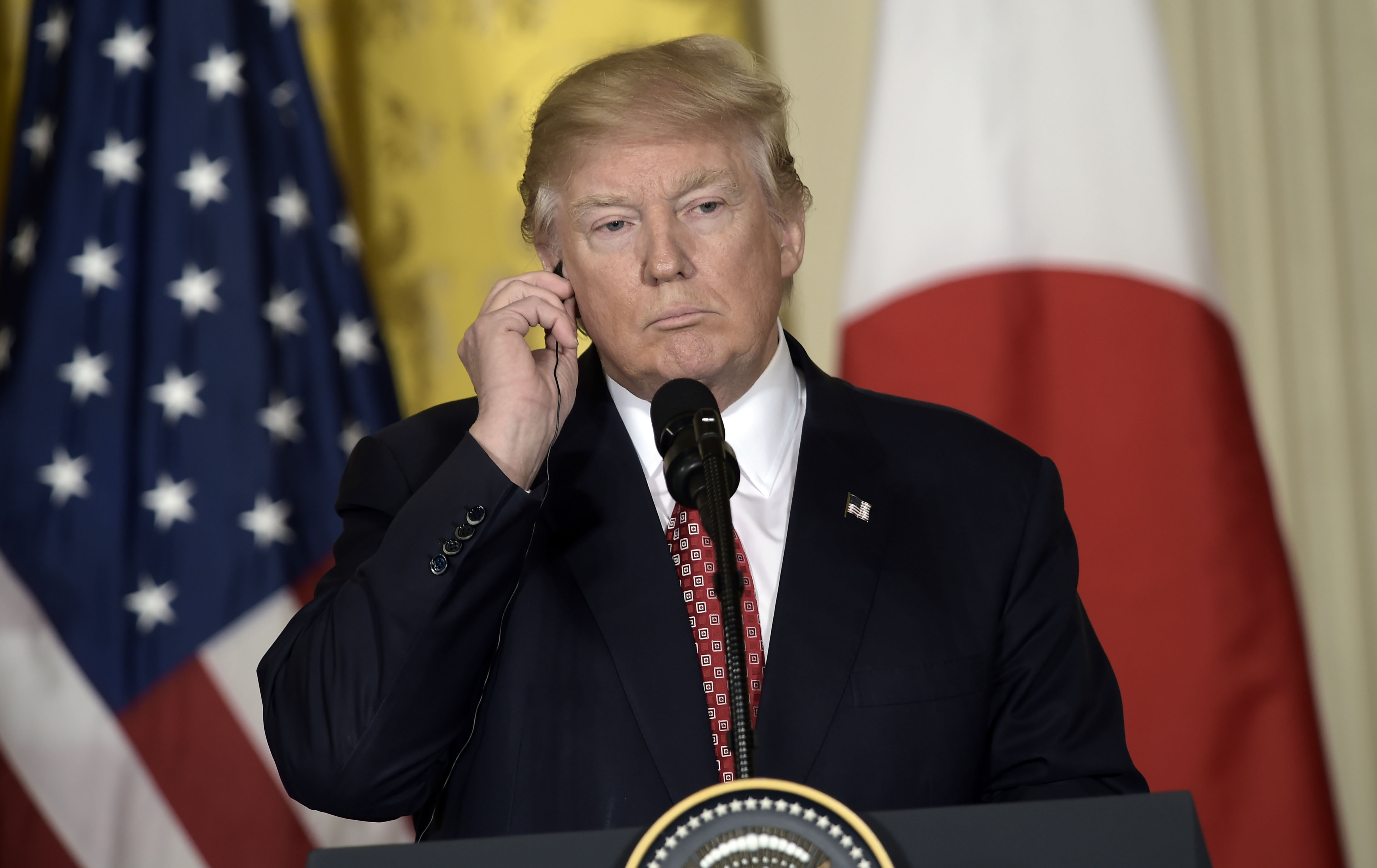 US President Donald Trump holds a joint press conference with Japanese Prime Minister Shinzo Abe on Feb. 10, 2017, at the White House in Washington, DC.
