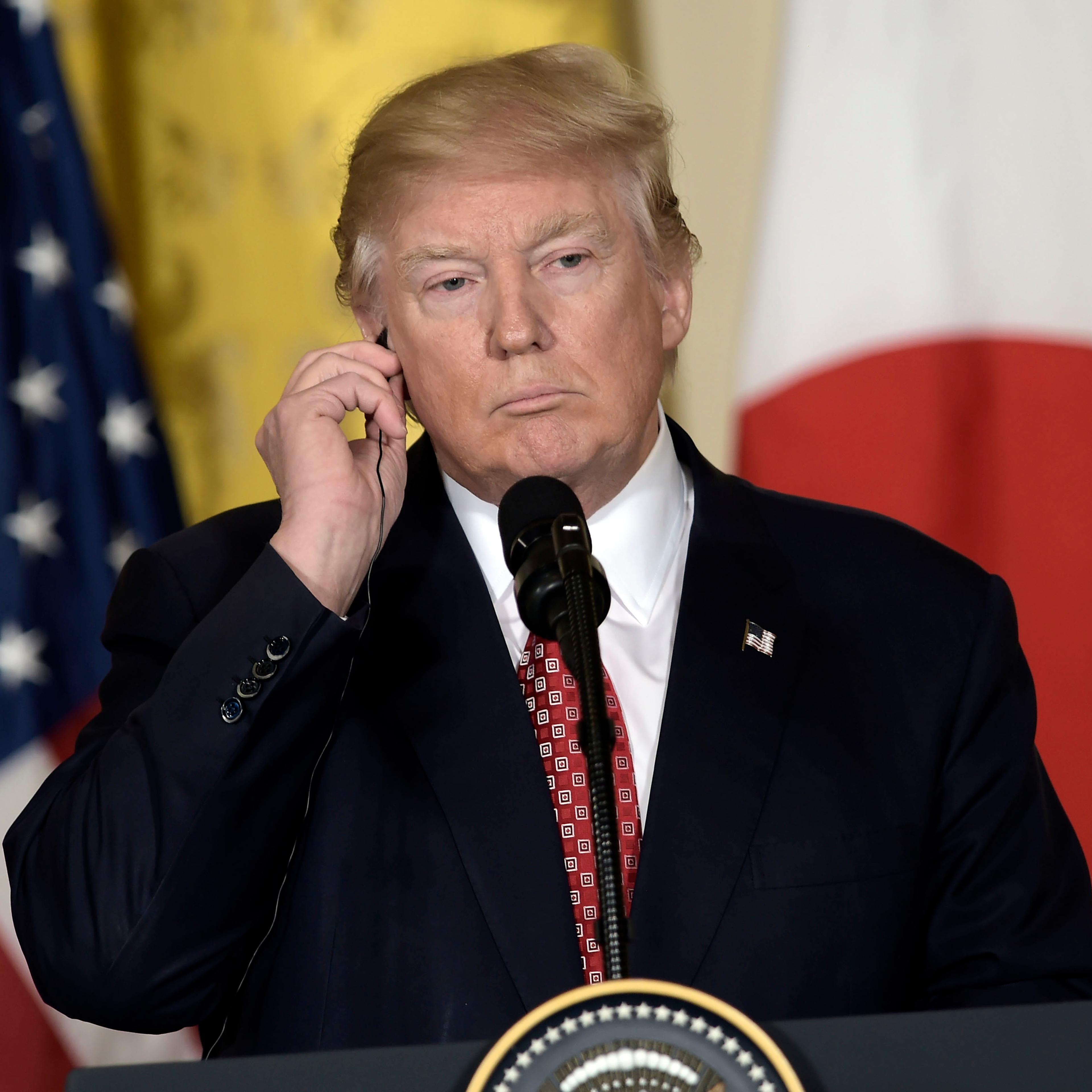 US President Donald Trump holds a joint press conference with Japanese Prime Minister Shinzo Abe on Feb. 10, 2017, at the White House in Washington, DC.