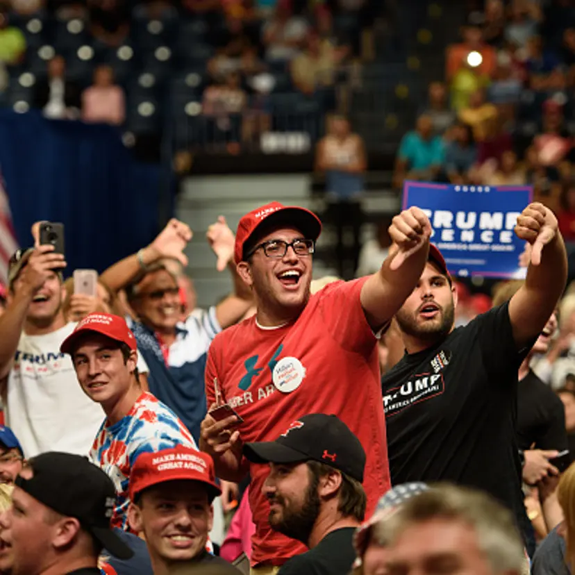 Supporters of U.S. President Donald Trump jeer the media at the Covelli Centre on July 25, 2017 in Youngstown, Ohio.